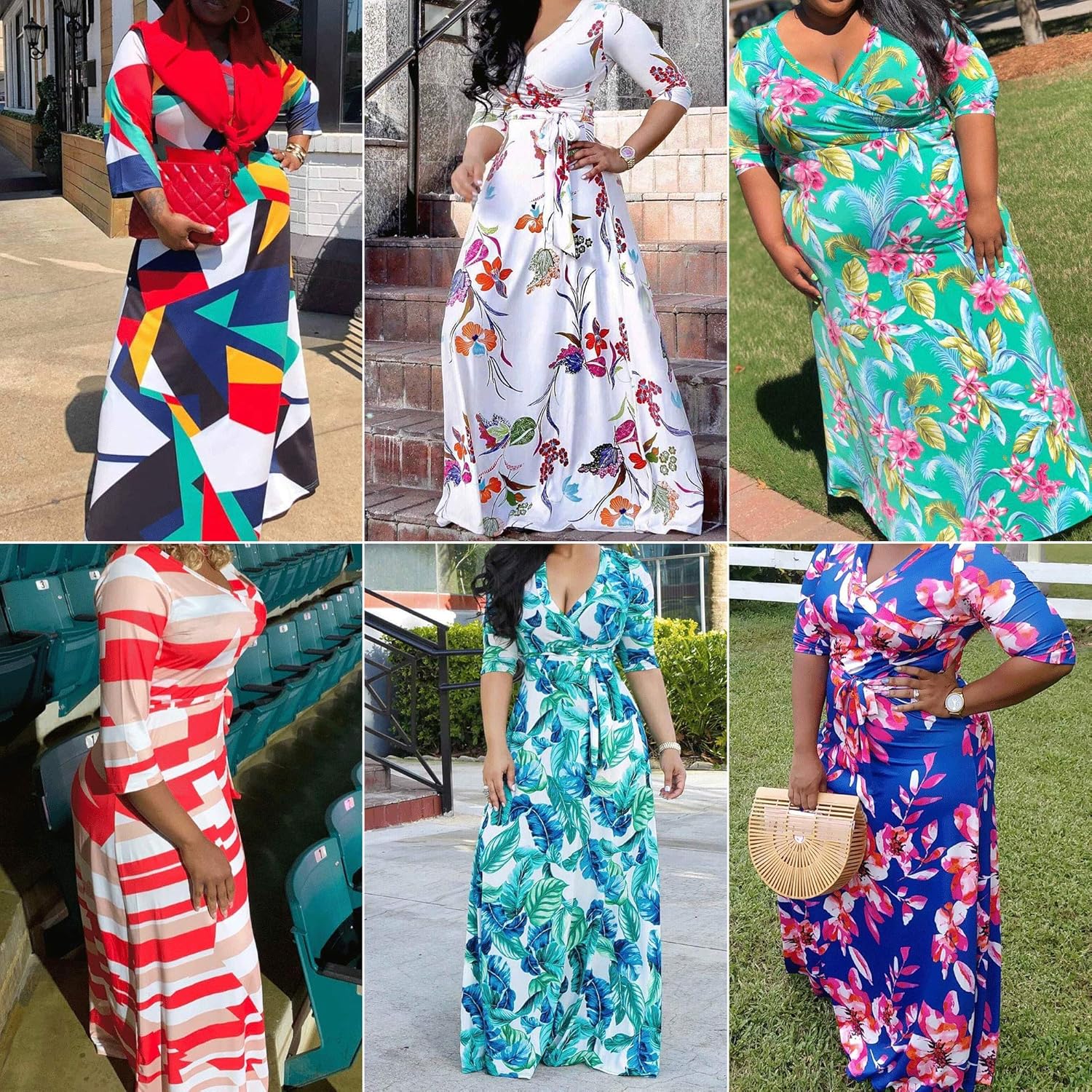 FANDEE Plus Size Maxi Dress for Women Casual Summer Sundress V-Neck 3/4 Sleeve