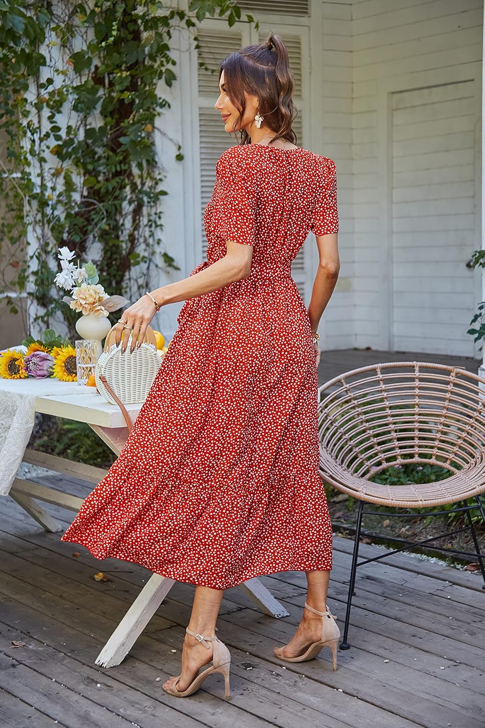 PRETTYGARDEN Women's Summer Floral Boho Dress Wrap V Neck Short Sleeve Ruffle A-Line Flowy Maxi Wedding Guest Dresses