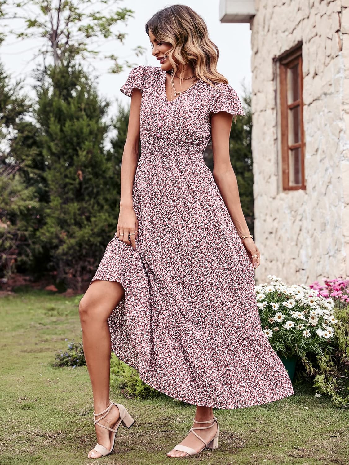 PRETTYGARDEN Womens Dresses 2025 Summer Maxi Dress Boho Short Sleeve V Neck Swiss Dot Ruffle Tiered Smocked Flowy Long Dress