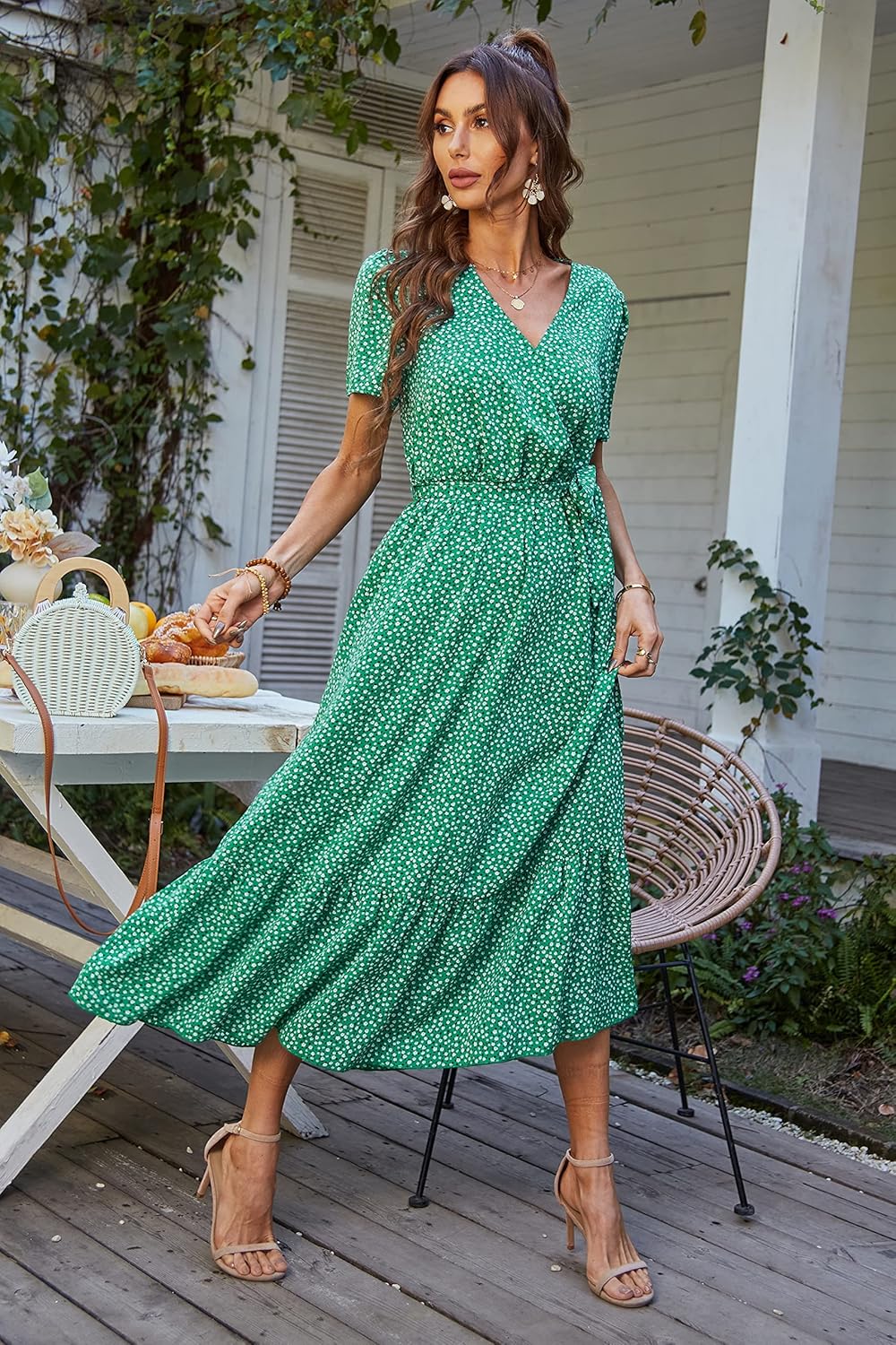 PRETTYGARDEN Women's Summer Floral Boho Dress Wrap V Neck Short Sleeve Ruffle A-Line Flowy Maxi Wedding Guest Dresses