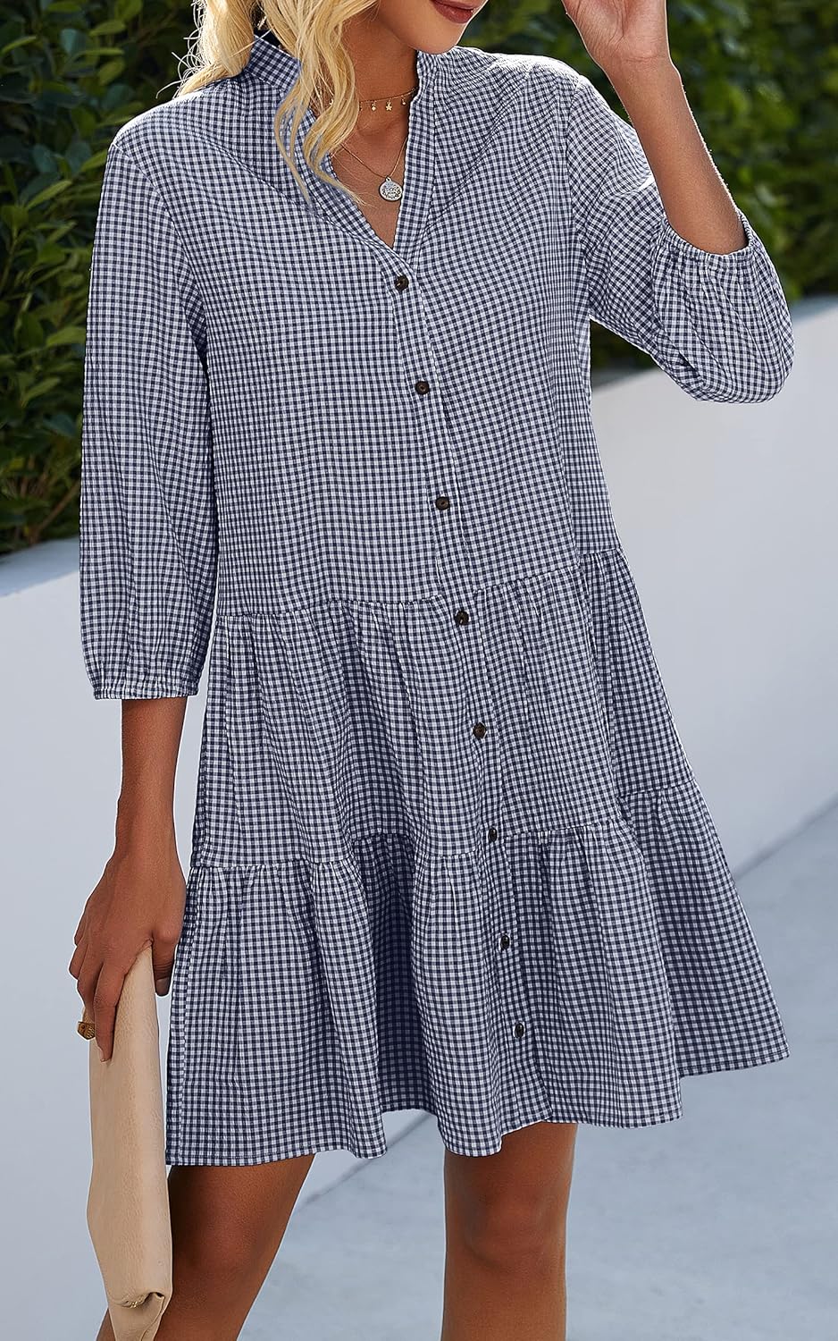 CCTOO Women's Summer Dresses Casual V Neck Button Down 3/4 Sleeve Floral Print Loose Flowy Shirt Dress
