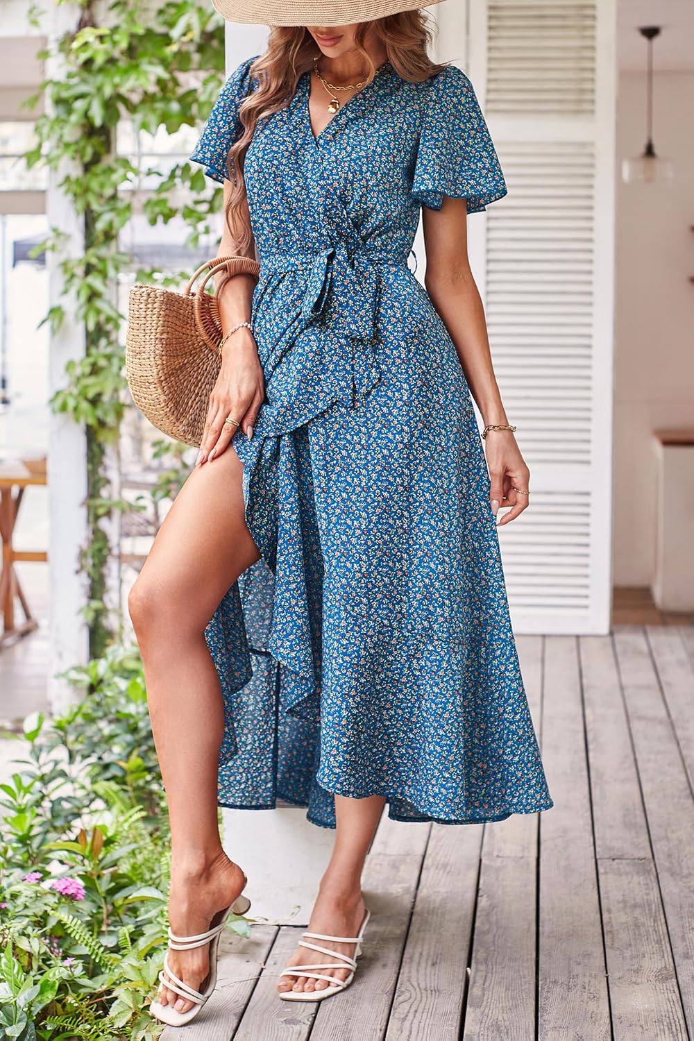 PRETTYGARDEN Women's Summer Floral Boho Dress Wrap V Neck Short Sleeve Ruffle A-Line Flowy Maxi Wedding Guest Dresses