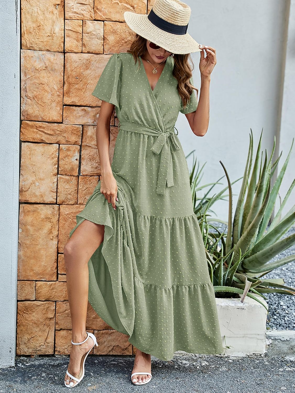 MASCOMODA Womens Boho Swiss Dot Maxi Dresses Wrap V Neck Flutter Short Sleeve Solid Tie Belt A Line Tiered Flowy Long Dress