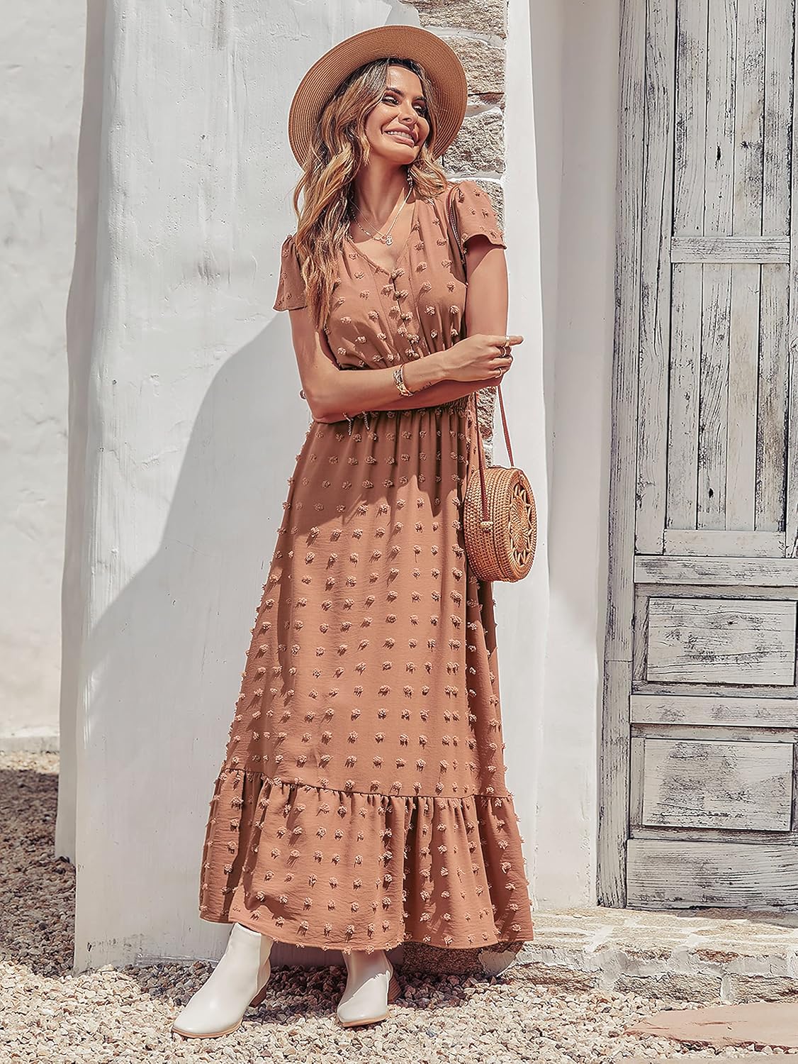 PRETTYGARDEN Womens Dresses 2025 Summer Maxi Dress Boho Short Sleeve V Neck Swiss Dot Ruffle Tiered Smocked Flowy Long Dress