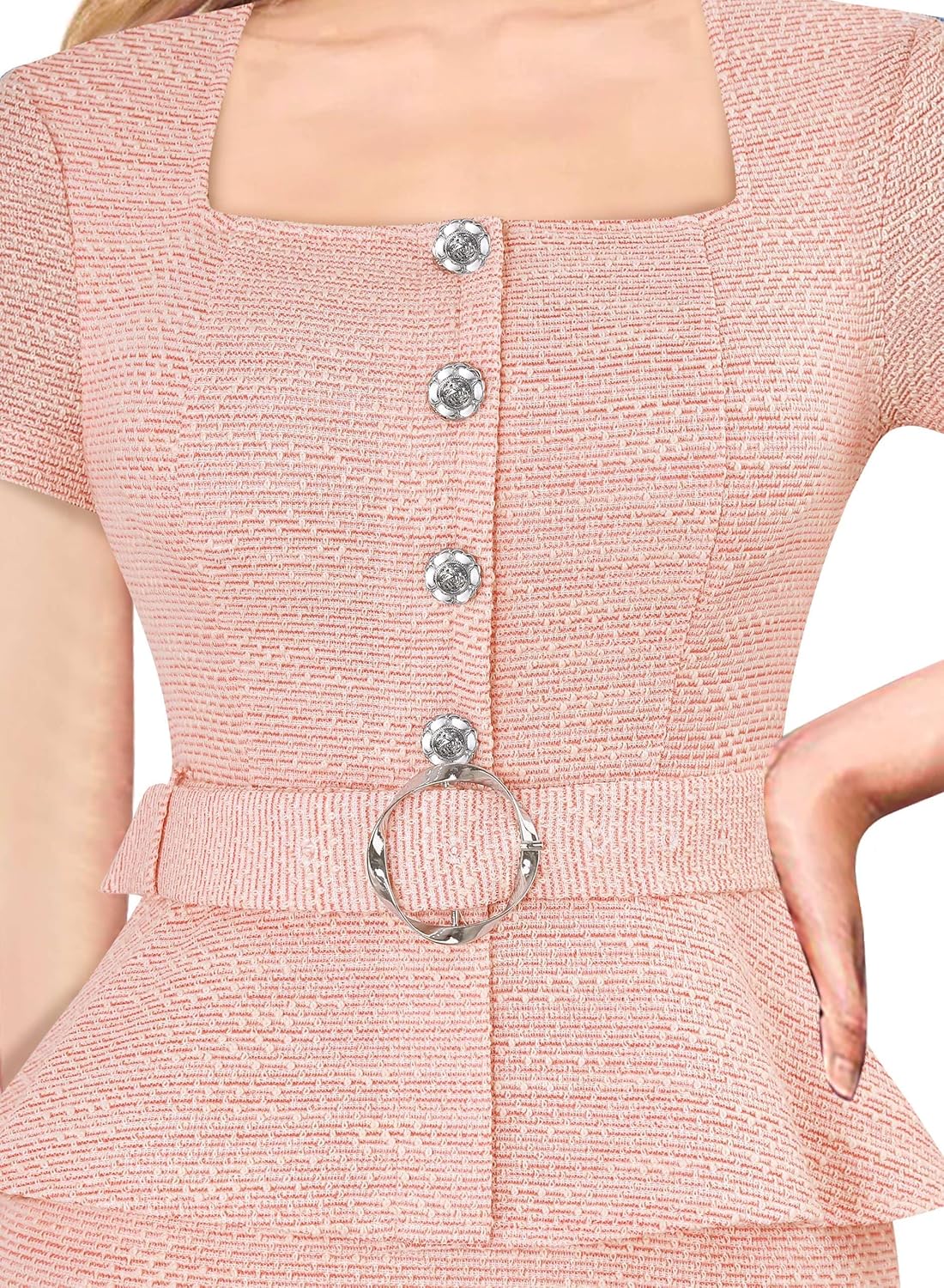 VFSHOW Womens 2024 Business Work Office Square Neck Belted Peplum Buttons Slim Bodycon Sheath Dress