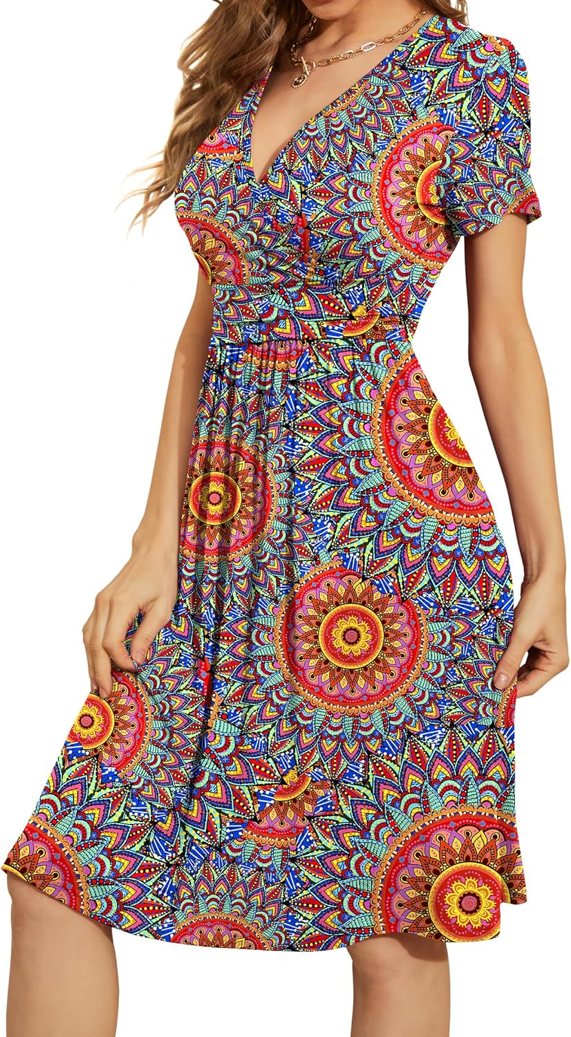 WEACZZY Women's Summer Short Sleeve Casual Dresses V-Neck Floral Party Dress with Pockets