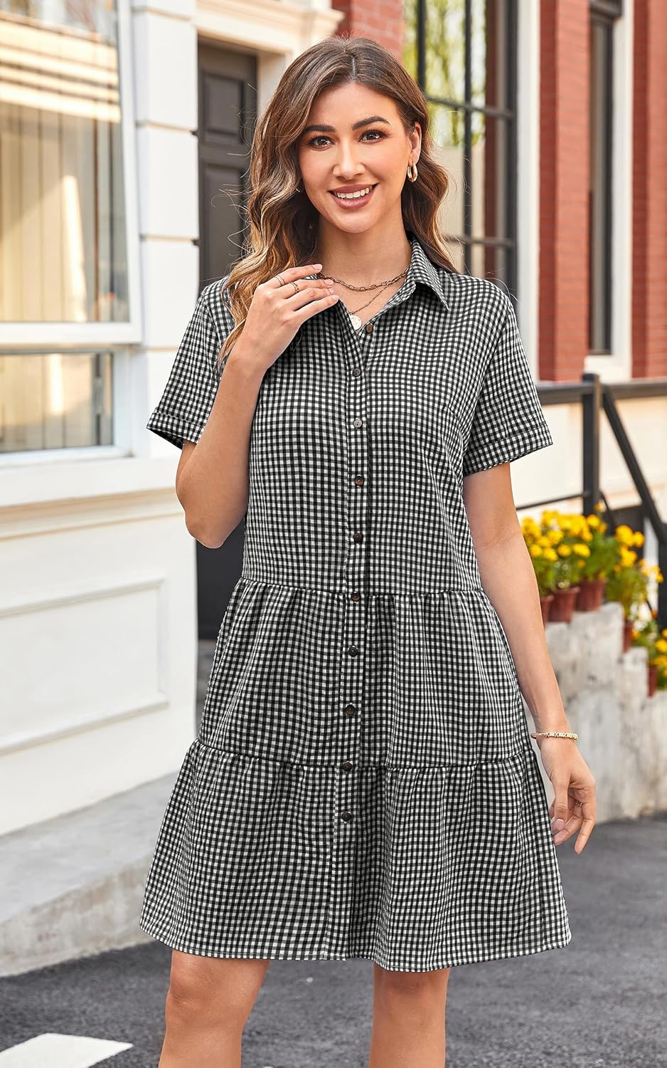 CCTOO Women's Summer Dresses Casual V Neck Button Down 3/4 Sleeve Floral Print Loose Flowy Shirt Dress