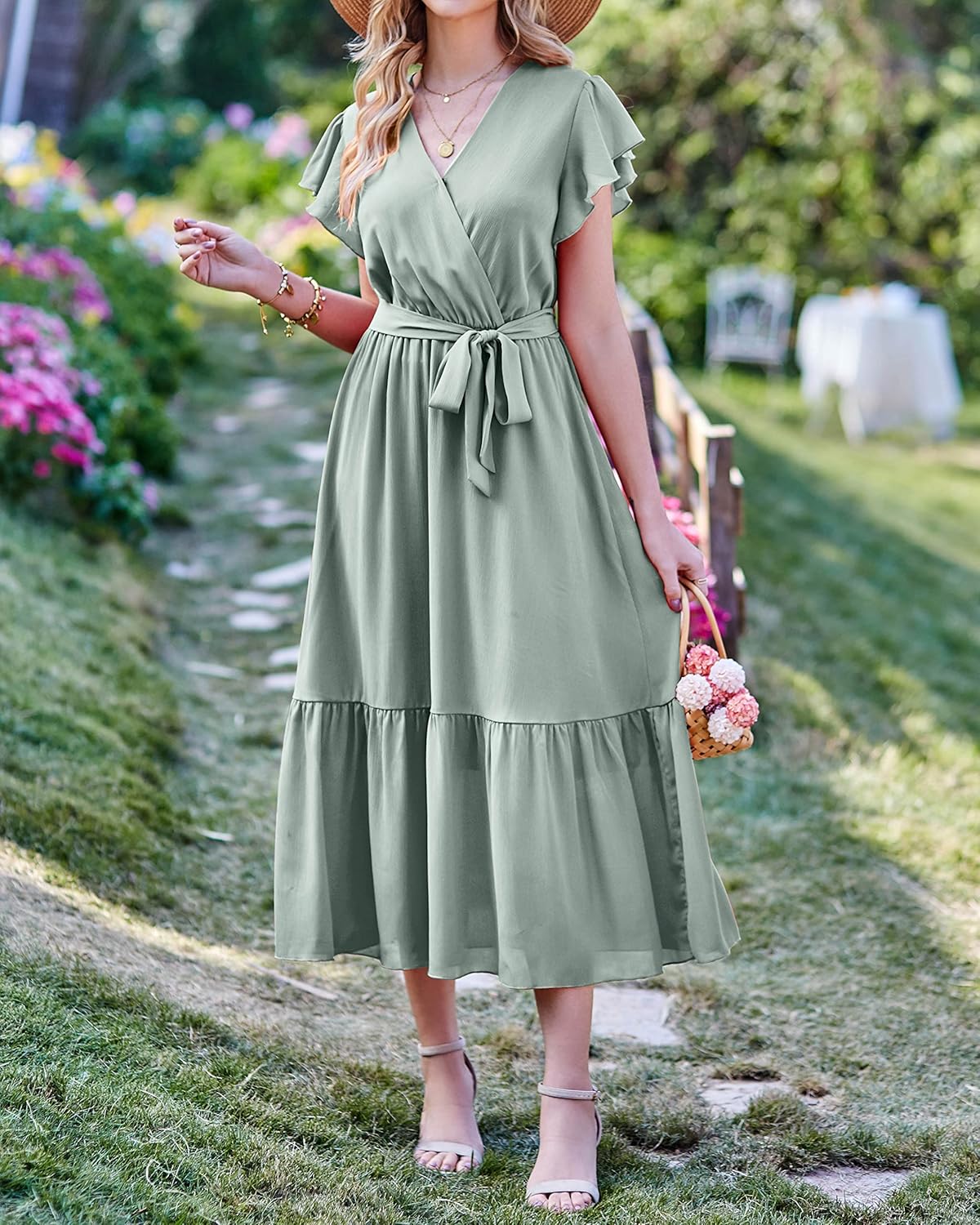 BTFBM Women Summer Bohemian Floral Casual Wrap V Neck Ruffle Cap Sleeveless Belt A-Line Pleated Hem Midi Sun Dress White