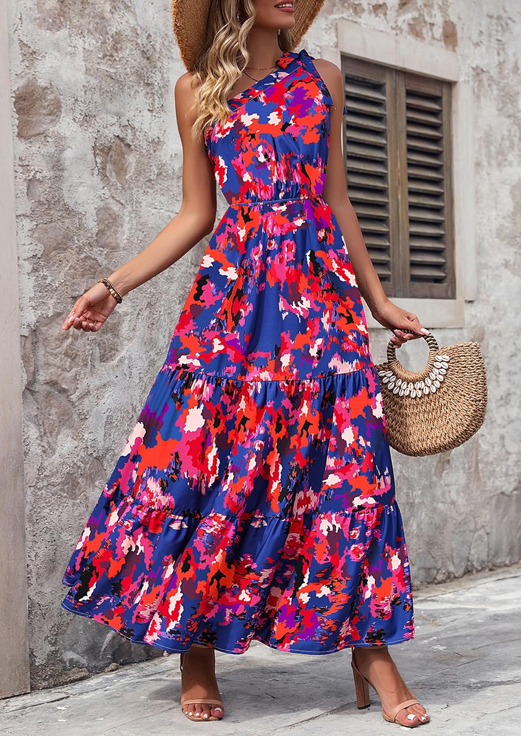 PRETTYGARDEN Women's Summer Floral Maxi Dress Knot One Shoulder Sleeveless Ruffle Flowy Boho Beach Wedding Guest Dresses