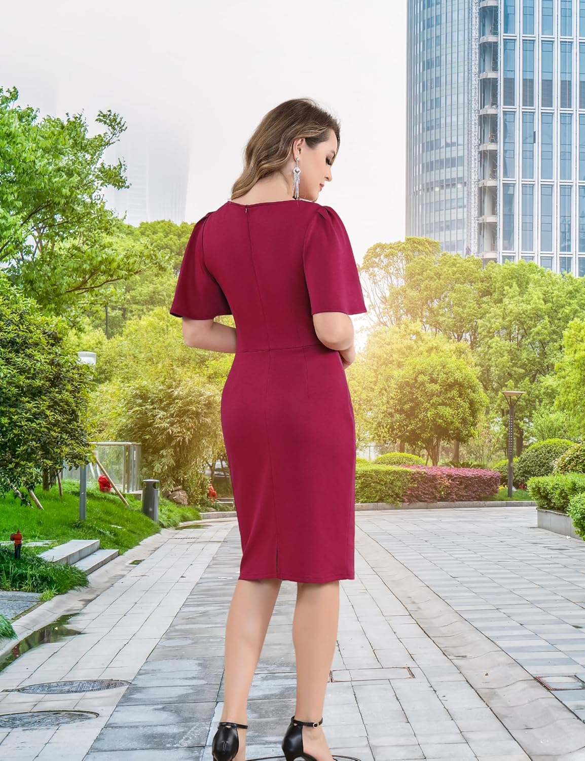 Aphratti Women's Short Sleeve Work Sheath Midi Dress Elegant Fitted Cocktail Party Church Funeral Outfit