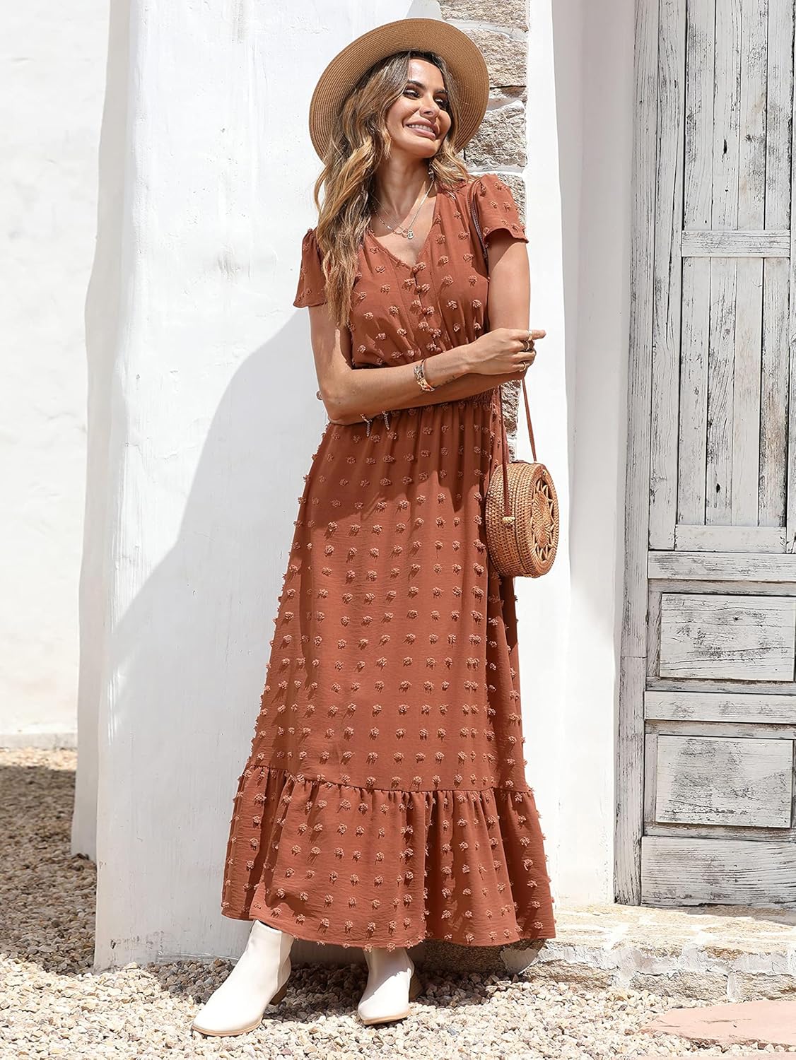 PRETTYGARDEN Womens Dresses 2025 Summer Maxi Dress Boho Short Sleeve V Neck Swiss Dot Ruffle Tiered Smocked Flowy Long Dress