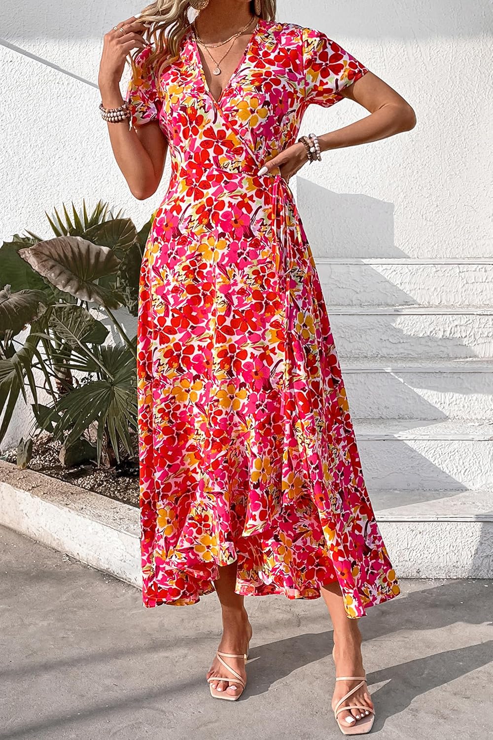PRETTYGARDEN Women's Summer Wrap Maxi Dress Casual Short Sleeve Floral Boho V Neck Split Ruffle Beach Long Dresses