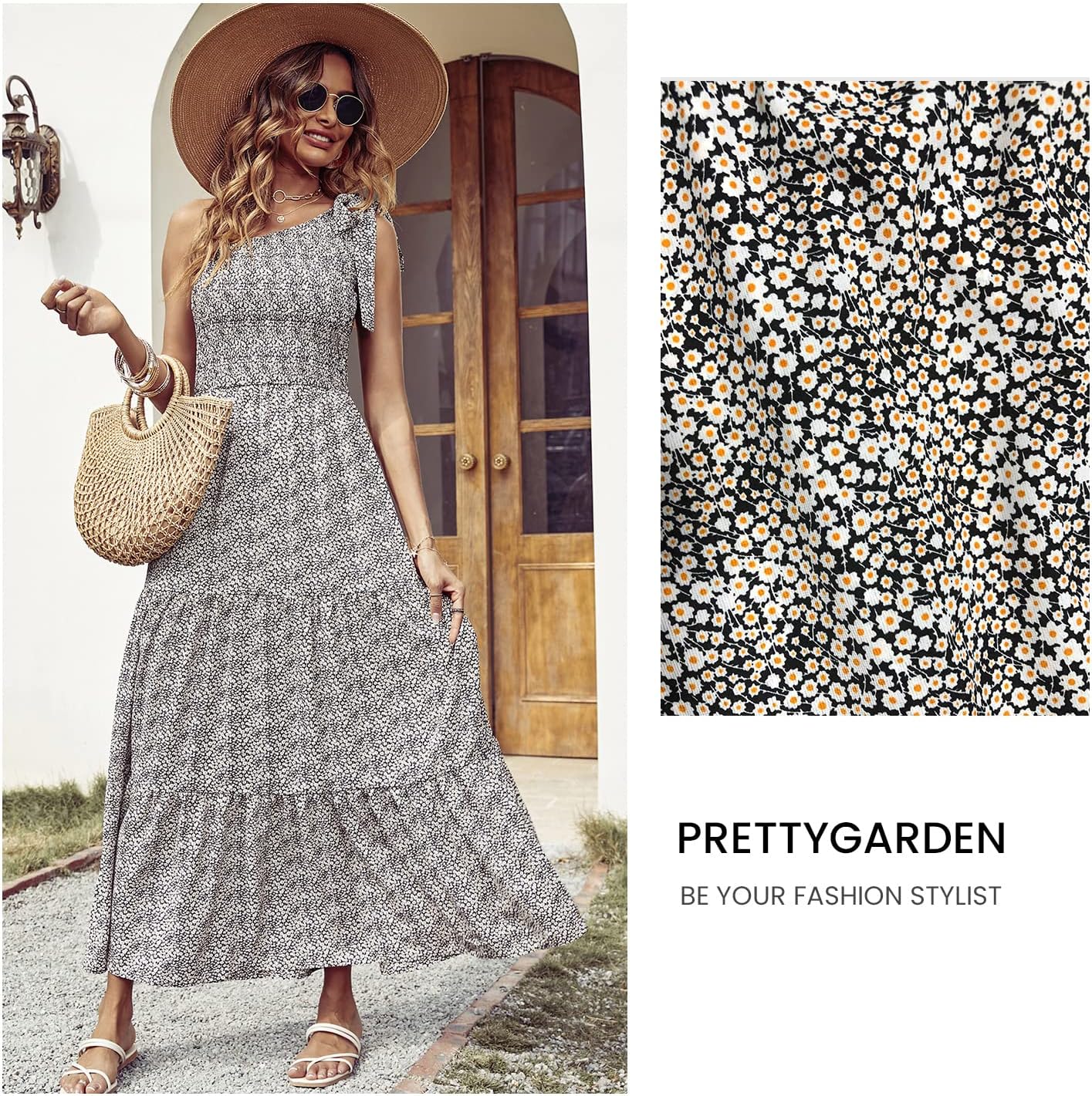 PRETTYGARDEN Women's Summer Floral Maxi Dress Knot One Shoulder Sleeveless Ruffle Flowy Boho Beach Wedding Guest Dresses