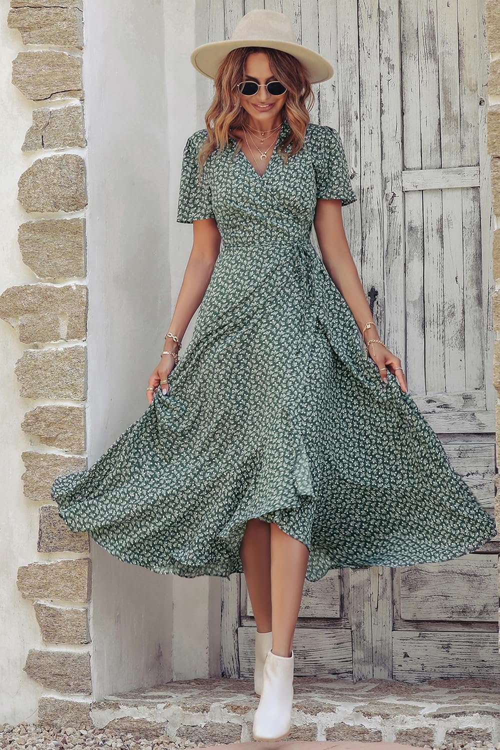 PRETTYGARDEN Women's Summer Wrap Maxi Dress Casual Short Sleeve Floral Boho V Neck Split Ruffle Beach Long Dresses