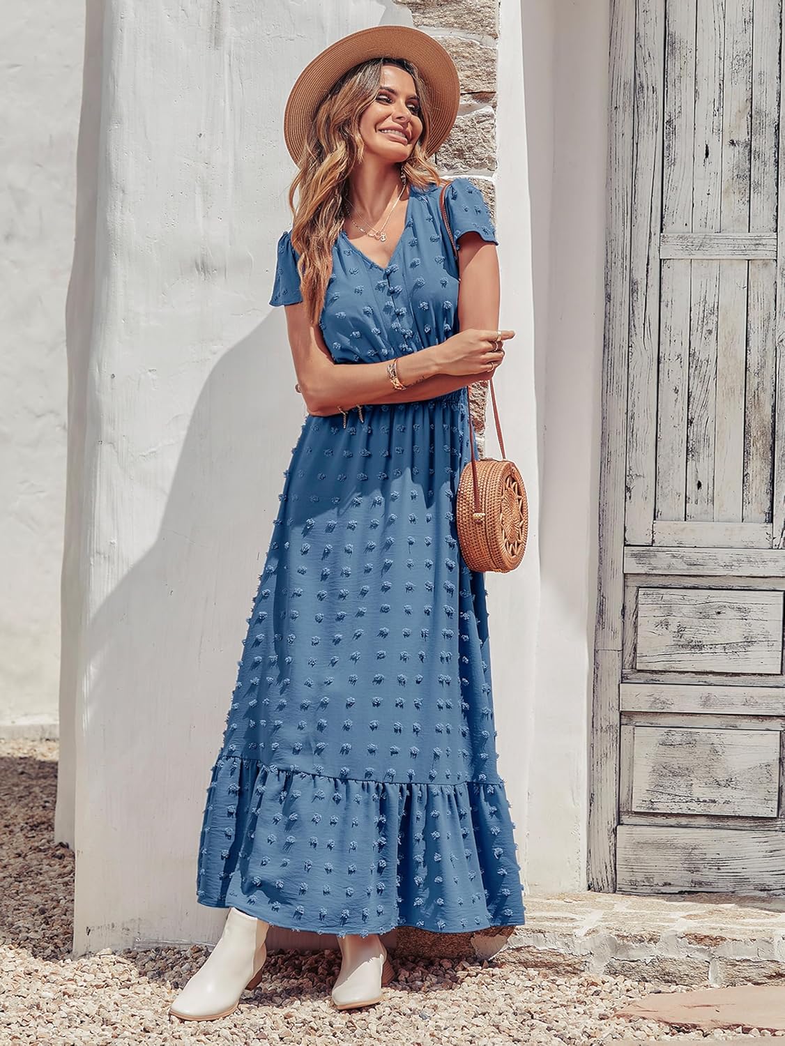PRETTYGARDEN Womens Dresses 2025 Summer Maxi Dress Boho Short Sleeve V Neck Swiss Dot Ruffle Tiered Smocked Flowy Long Dress