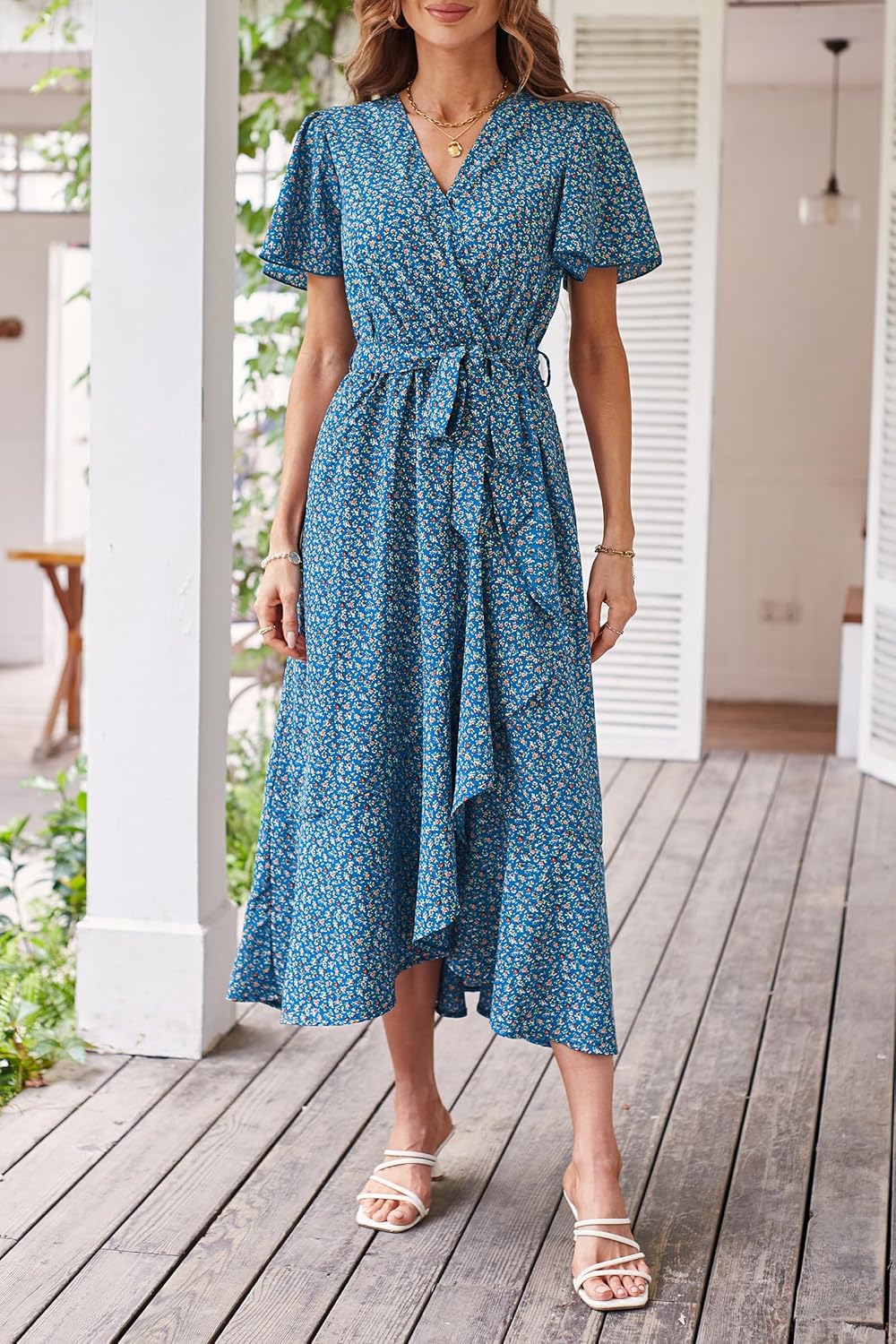 PRETTYGARDEN Women's Summer Floral Boho Dress Wrap V Neck Short Sleeve Ruffle A-Line Flowy Maxi Wedding Guest Dresses
