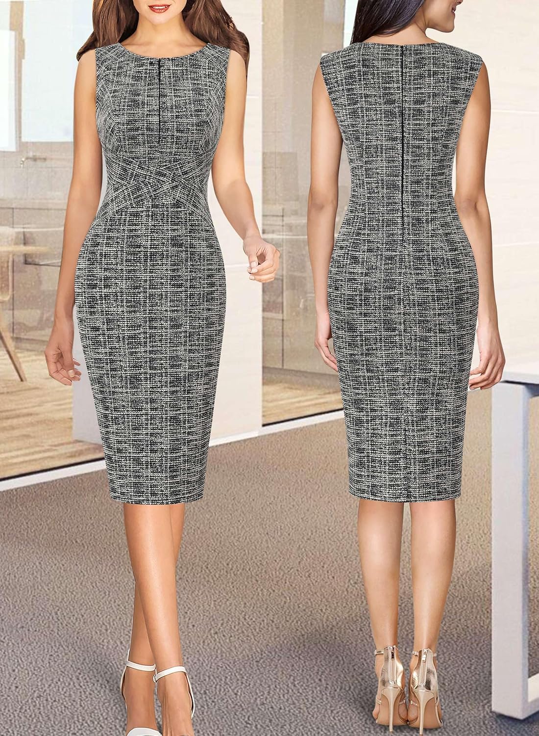 VFSHOW Womens Elegant Slim Front Zipper up Work Business Office Party Sheath Dress