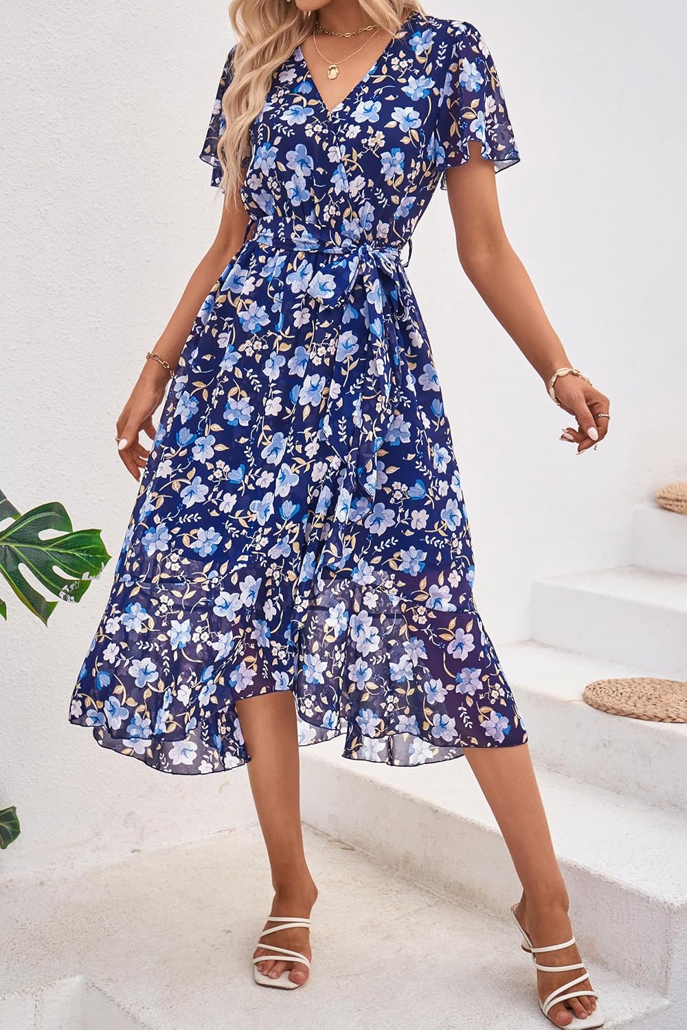 PRETTYGARDEN Women's Summer Floral Boho Dress Wrap V Neck Short Sleeve Ruffle A-Line Flowy Maxi Wedding Guest Dresses