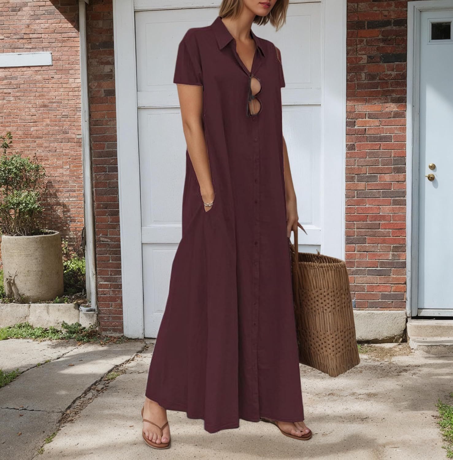 TIAFORD Womens 2025 Trendy Button Down Cotton Linen Maxi Dress Plus Size Short Sleeve Lapel Shirt Dresses with 2 Pockets