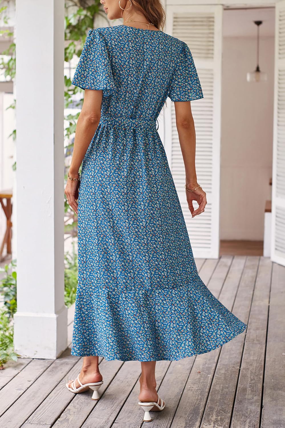 PRETTYGARDEN Women's Summer Floral Boho Dress Wrap V Neck Short Sleeve Ruffle A-Line Flowy Maxi Wedding Guest Dresses