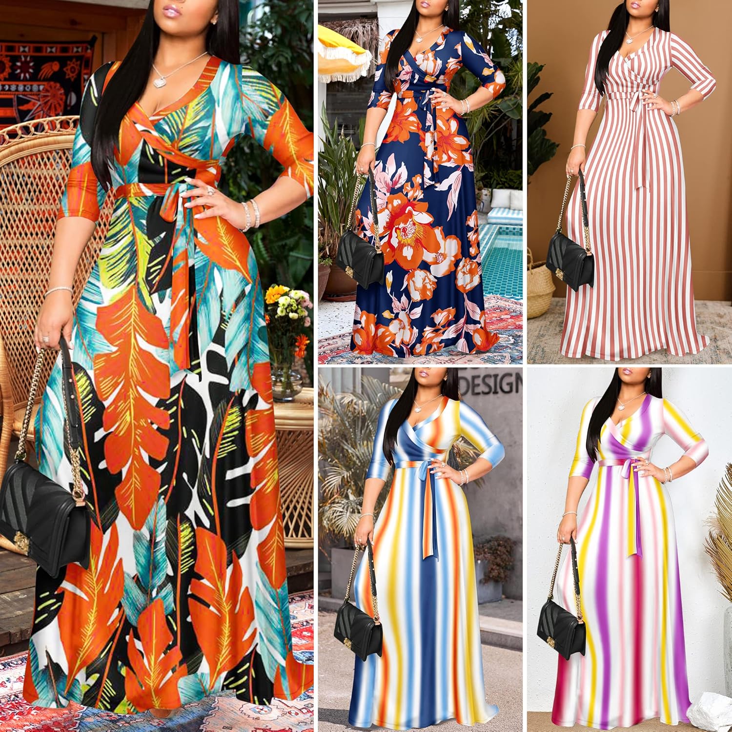 FANDEE Plus Size Maxi Dress for Women Casual Summer Sundress V-Neck 3/4 Sleeve