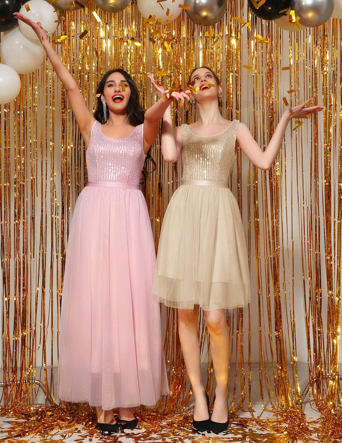BeryLove Sequin Dress for Woman Vintage A Line Wedding Formal Swing Mesh Dress Sleeveless Cocktail Maxi Gowns