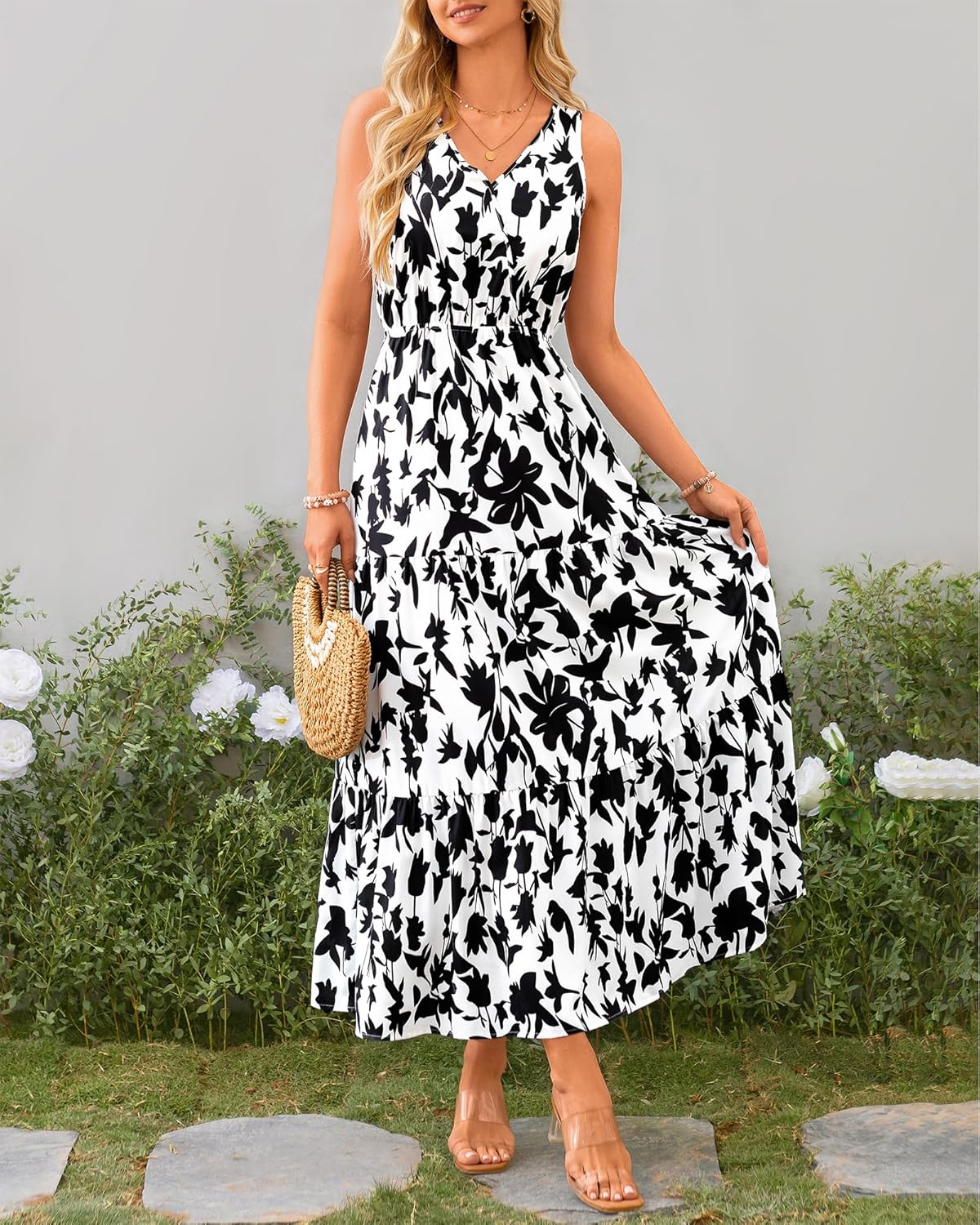 BTFBM Women Summer Dresses Casual Sleeveless Maxi Dresses Cute Floral Long Dress Wedding Guest Dress