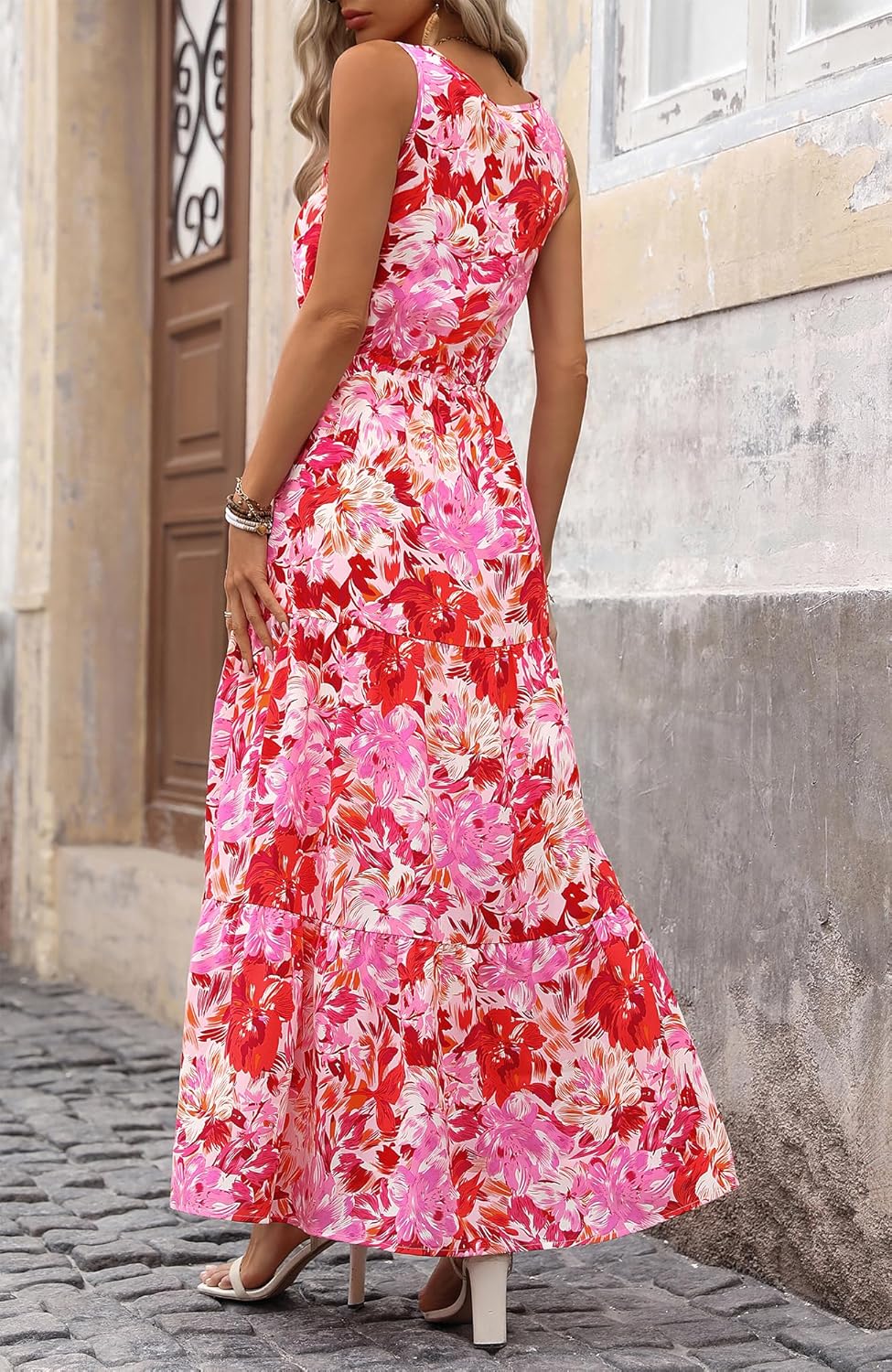 BTFBM Women Summer Dresses Casual Sleeveless Maxi Dresses Cute Floral Long Dress Wedding Guest Dress