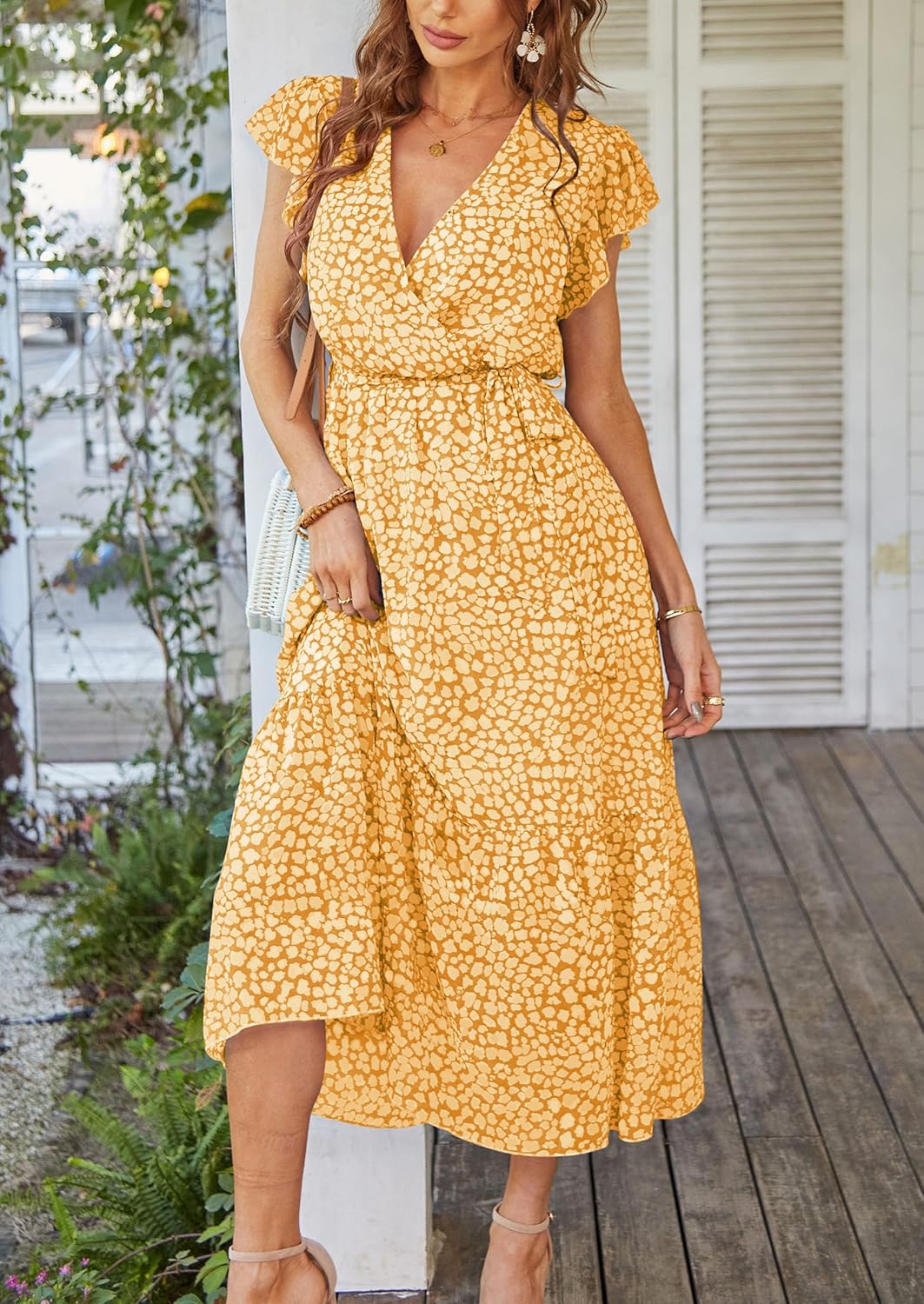 PRETTYGARDEN Women's Summer Floral Boho Dress Wrap V Neck Short Sleeve Ruffle A-Line Flowy Maxi Wedding Guest Dresses