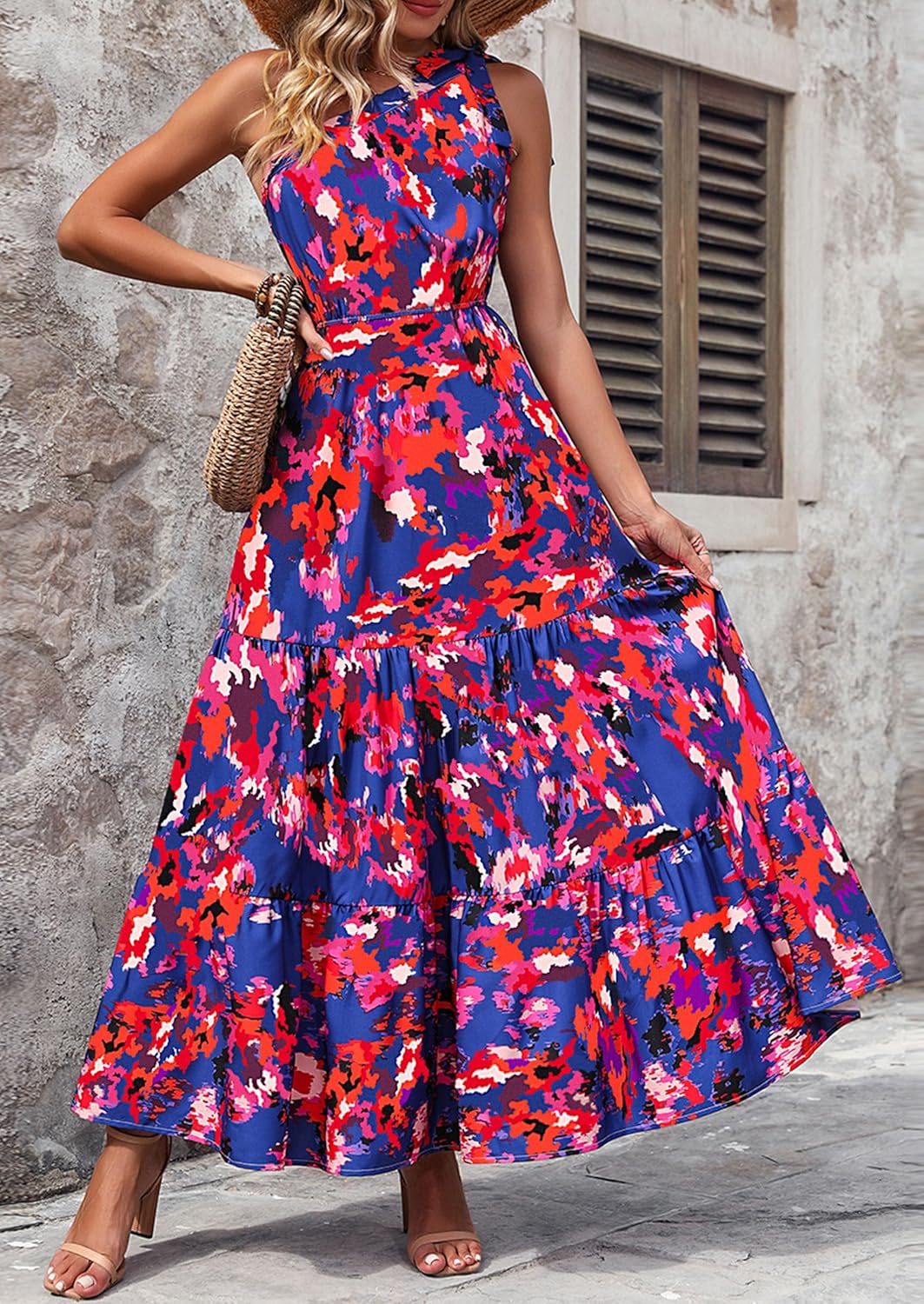 PRETTYGARDEN Women's Summer Floral Maxi Dress Knot One Shoulder Sleeveless Ruffle Flowy Boho Beach Wedding Guest Dresses