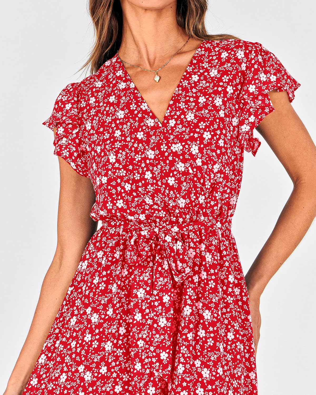 BTFBM Women Summer Bohemian Floral Casual Wrap V Neck Ruffle Cap Sleeveless Belt A-Line Pleated Hem Midi Sun Dress White