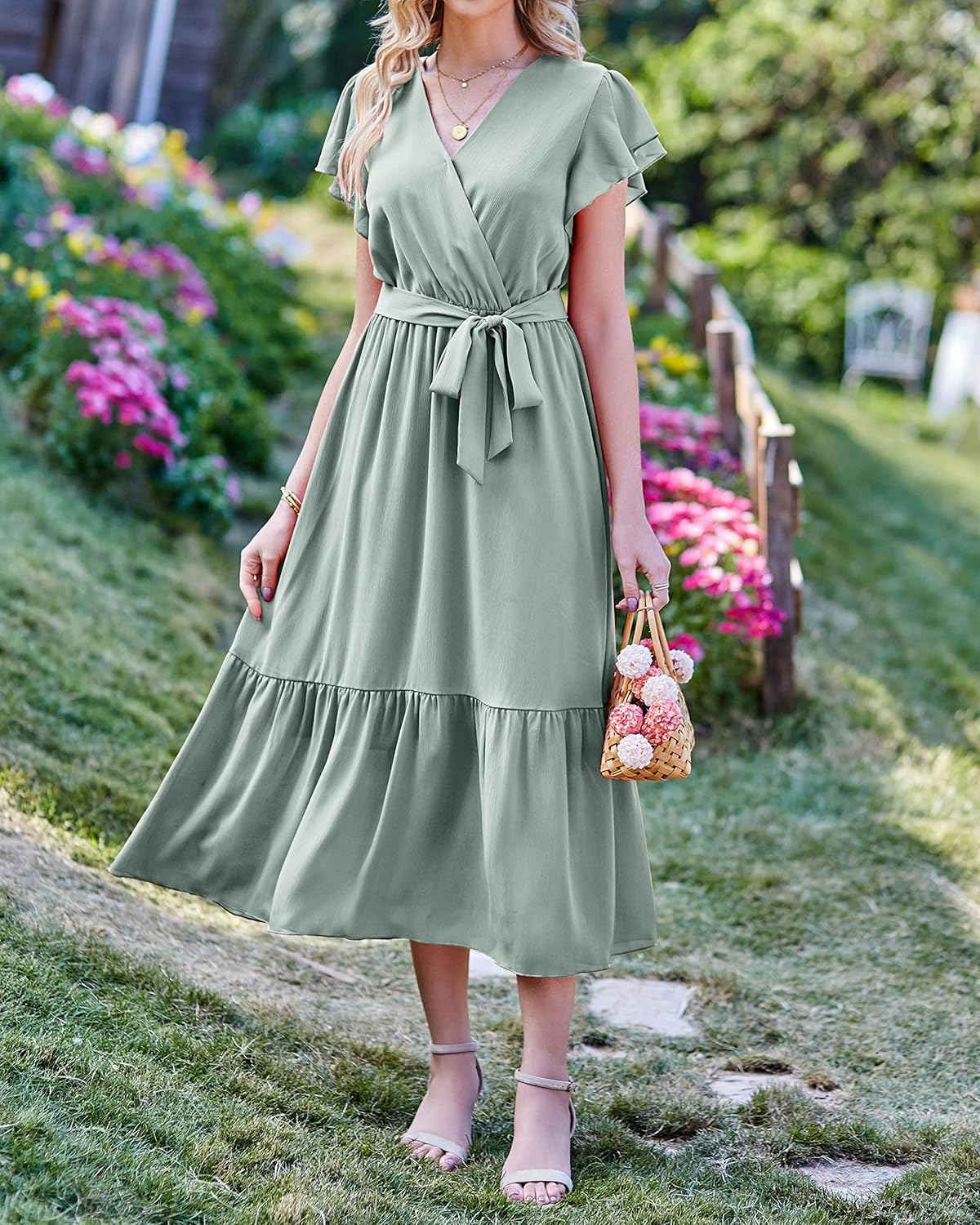 BTFBM Women Summer Bohemian Floral Casual Wrap V Neck Ruffle Cap Sleeveless Belt A-Line Pleated Hem Midi Sun Dress White