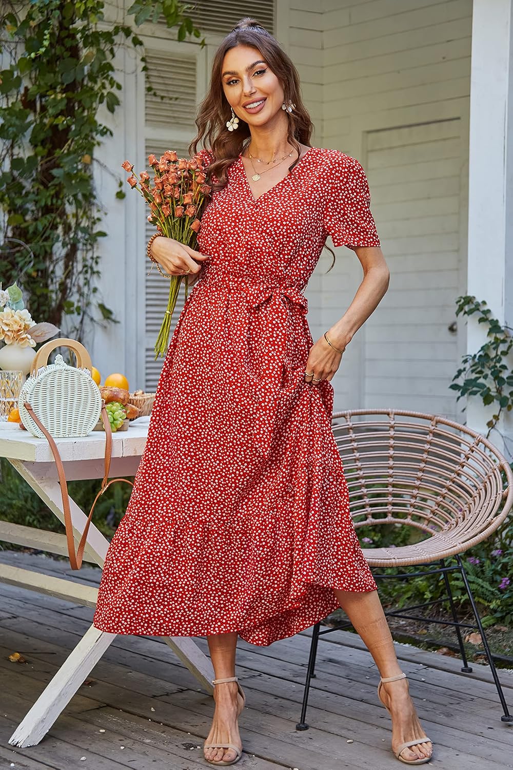 PRETTYGARDEN Women's Summer Floral Boho Dress Wrap V Neck Short Sleeve Ruffle A-Line Flowy Maxi Wedding Guest Dresses