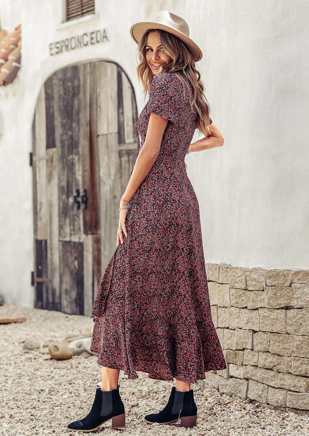 PRETTYGARDEN Women's Summer Wrap Maxi Dress Casual Short Sleeve Floral Boho V Neck Split Ruffle Beach Long Dresses