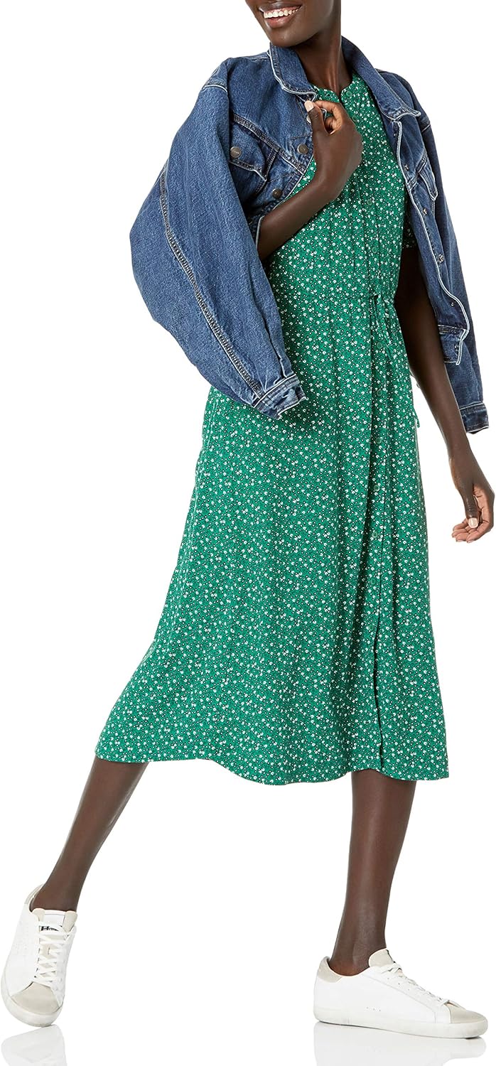 Amazon Essentials Women's Relaxed Fit Half-Sleeve Waisted Midi A-Line Dress