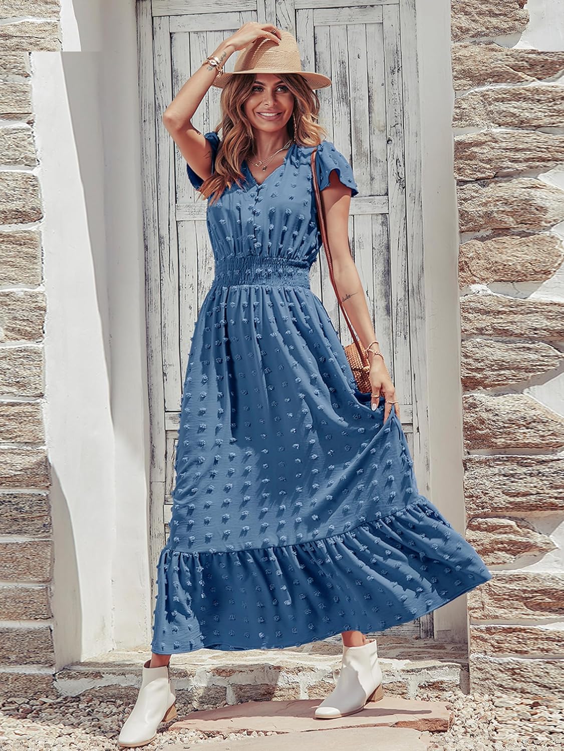 PRETTYGARDEN Womens Dresses 2025 Summer Maxi Dress Boho Short Sleeve V Neck Swiss Dot Ruffle Tiered Smocked Flowy Long Dress