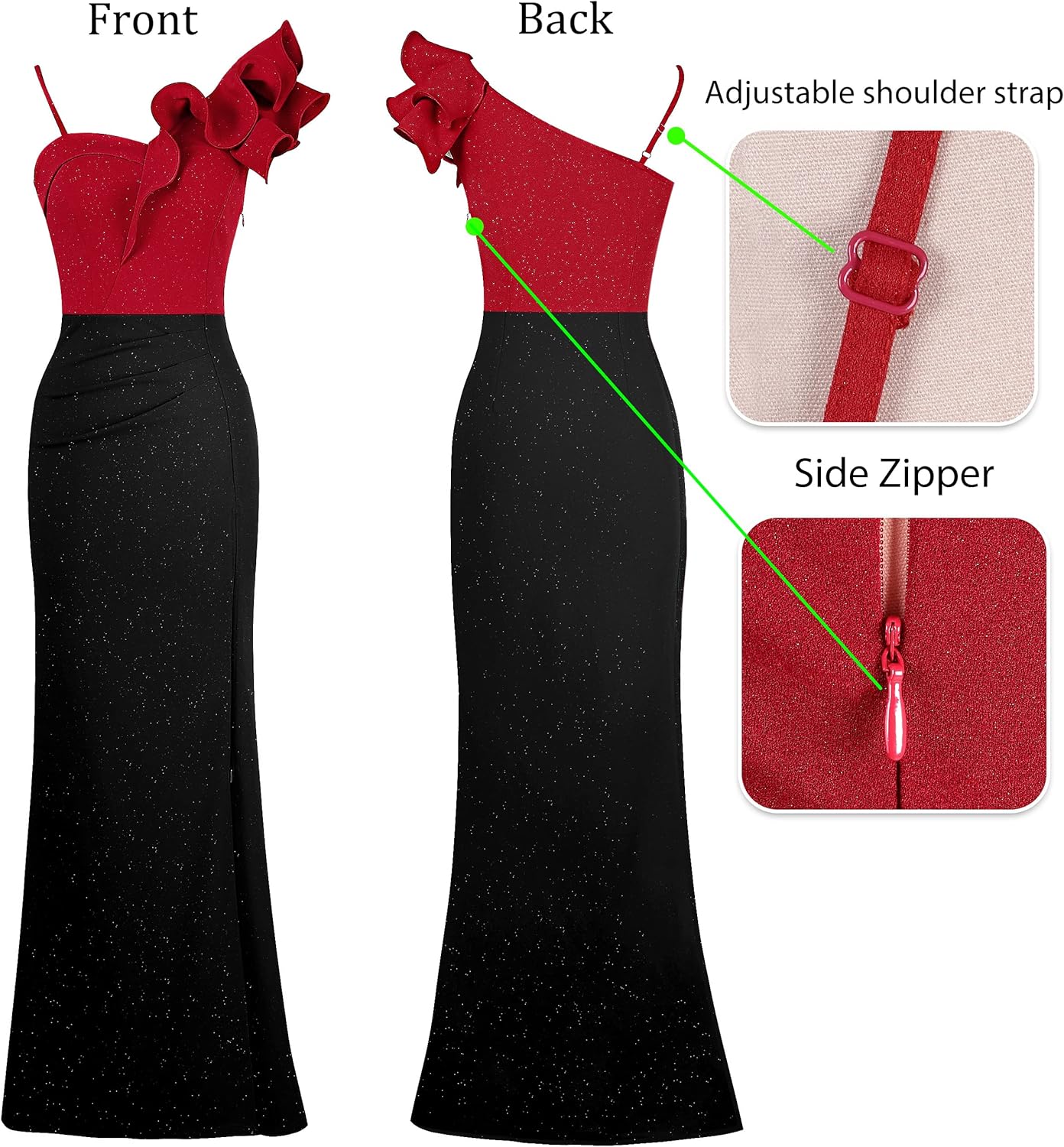 VFSHOW Womens Ruffle One Shoulder Strap Ruched Formal Prom Wedding Maxi Dress V Neck Elegant Split Cocktail Evening Long Gown