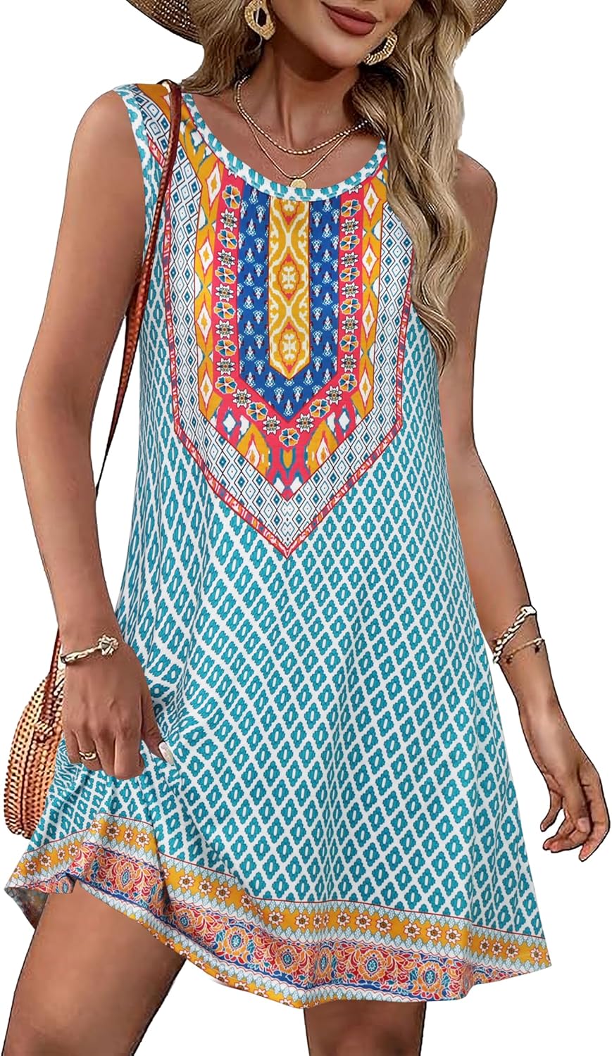 Summer Dresses for Women Beach Boho Sleeveless Vintage Floral Flowy Pocket Tshirt Tank Sundresses