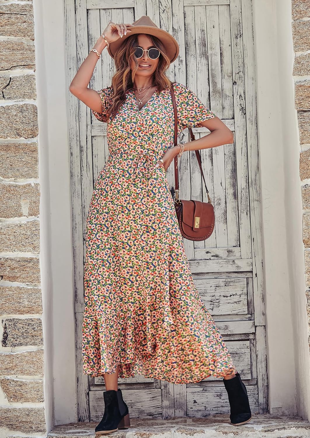 PRETTYGARDEN Women's Summer Wrap Maxi Dress Casual Short Sleeve Floral Boho V Neck Split Ruffle Beach Long Dresses