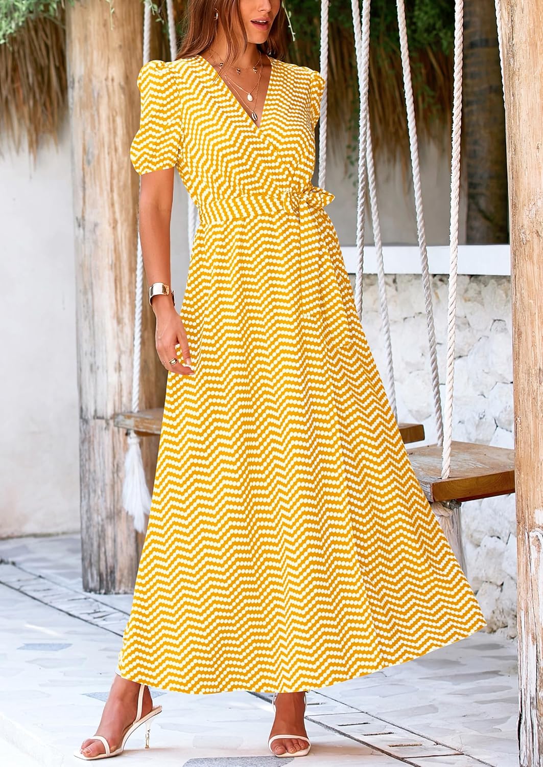 PRETTYGARDEN Women's Summer Wrap Maxi Dress Casual Short Sleeve Floral Boho V Neck Split Ruffle Beach Long Dresses