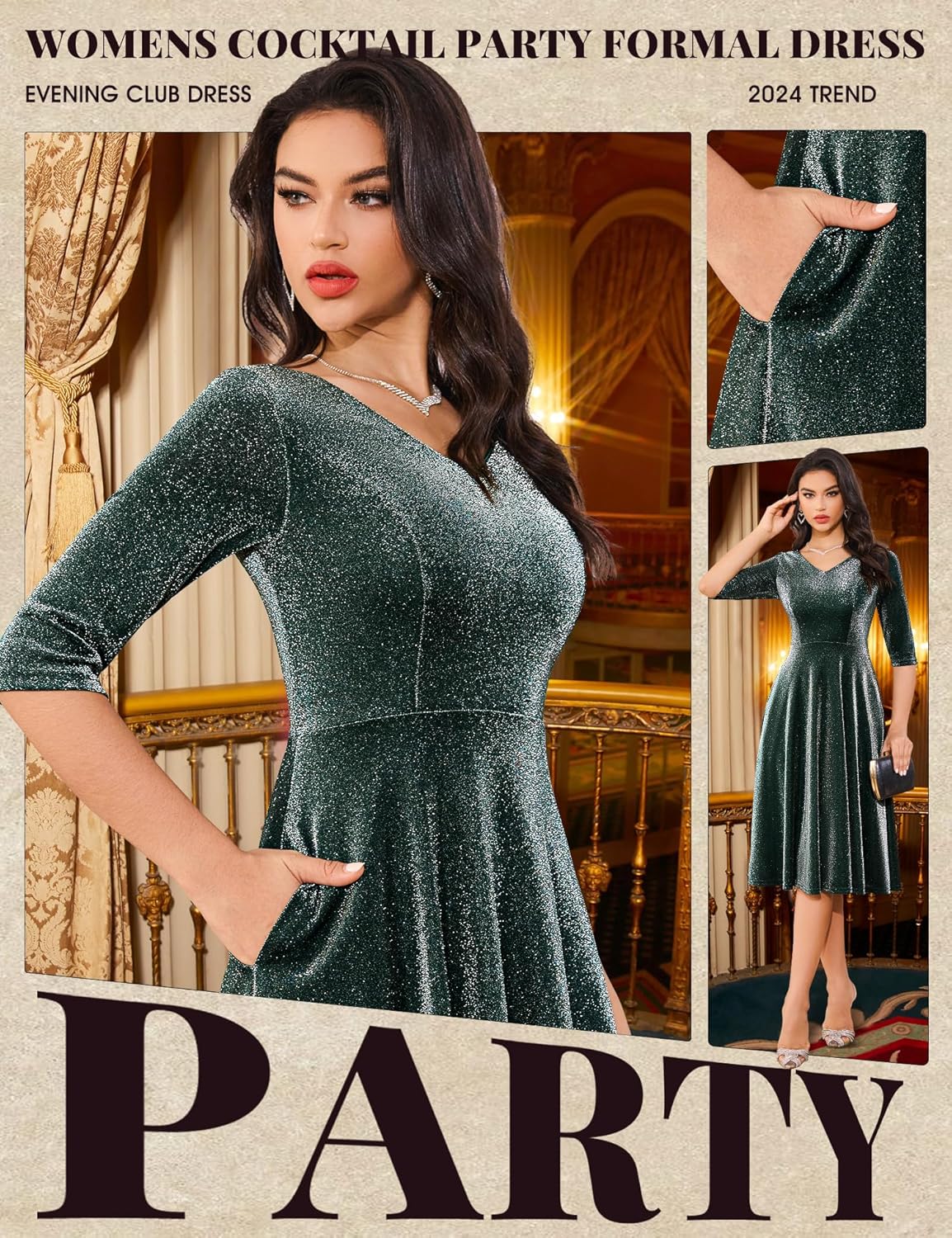 Dressystar Womens Long-Sleeve Wedding Guest Dress A-Line Lace Formal Party Cocktail Midi Dress Prom Gown