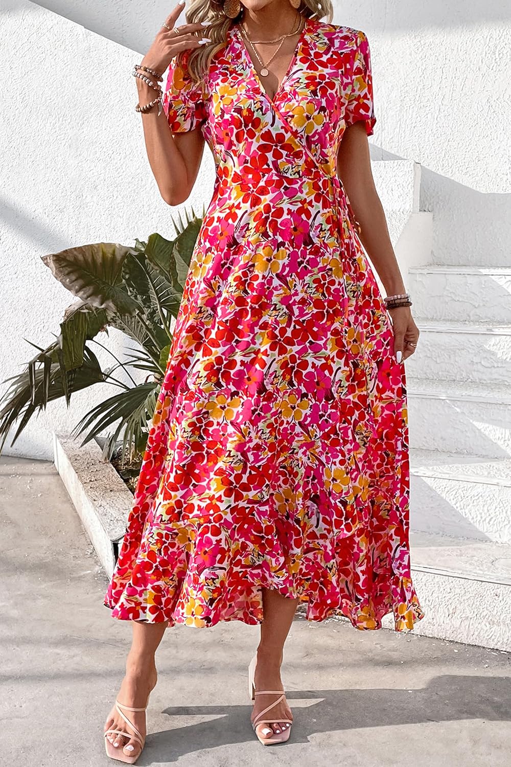 PRETTYGARDEN Women's Summer Wrap Maxi Dress Casual Short Sleeve Floral Boho V Neck Split Ruffle Beach Long Dresses