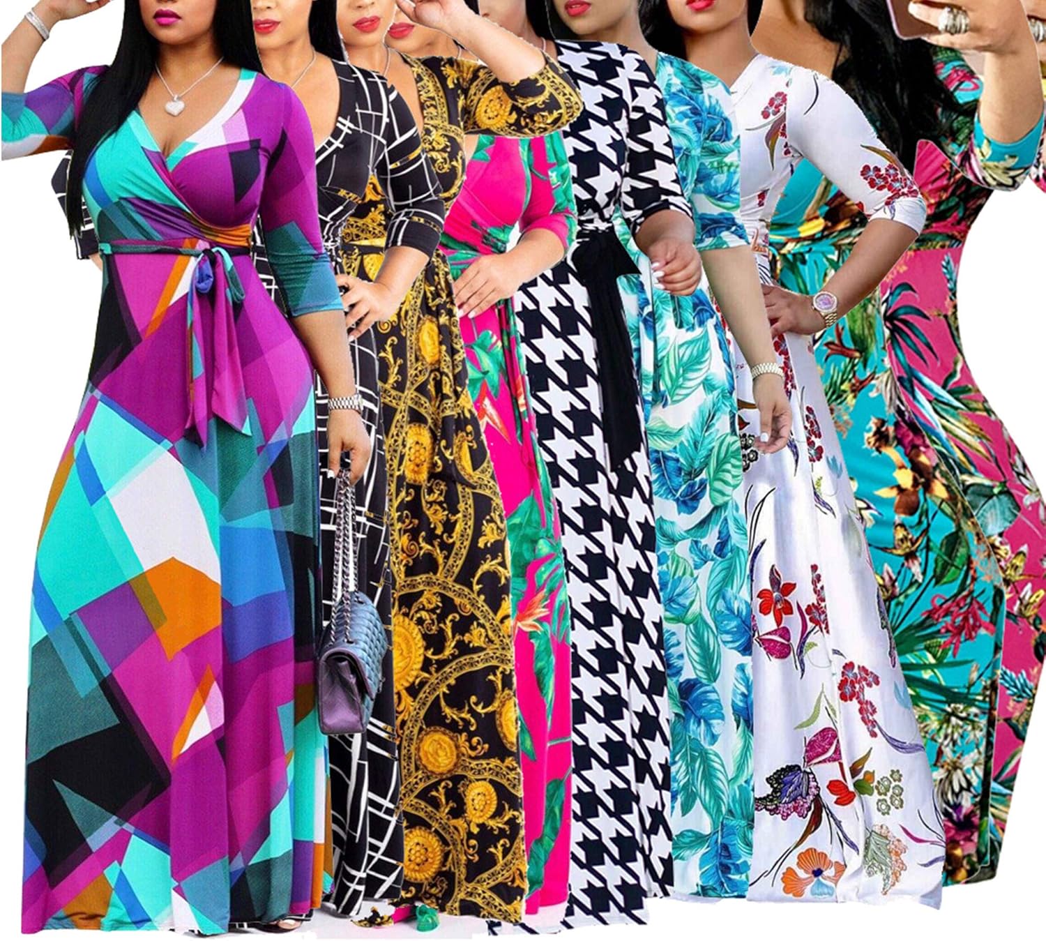 FANDEE Plus Size Maxi Dress for Women Casual Summer Sundress V-Neck 3/4 Sleeve