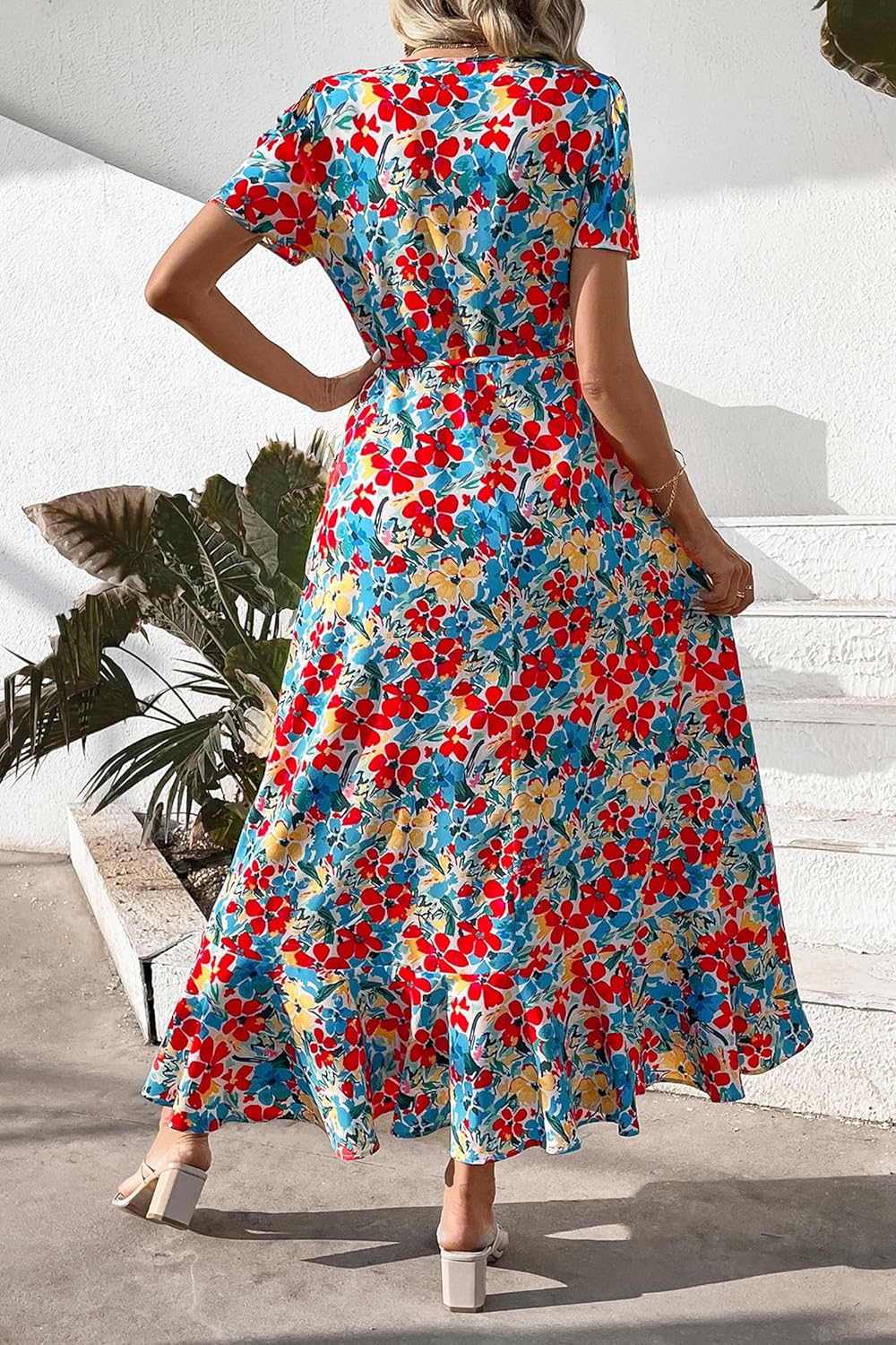 PRETTYGARDEN Women's Summer Wrap Maxi Dress Casual Short Sleeve Floral Boho V Neck Split Ruffle Beach Long Dresses