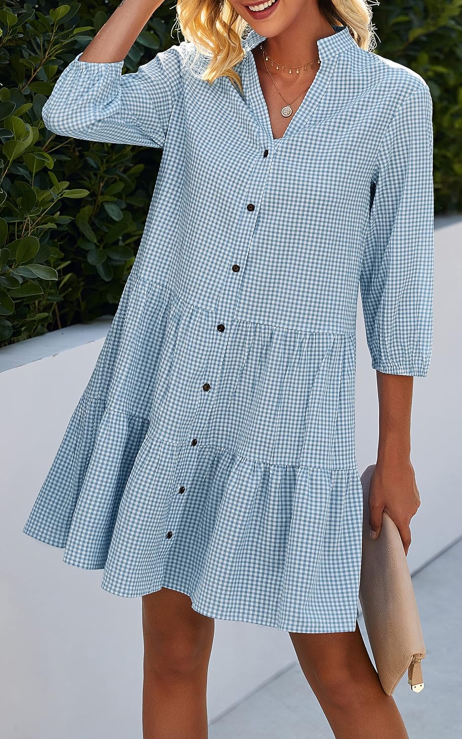 CCTOO Women's Summer Dresses Casual V Neck Button Down 3/4 Sleeve Floral Print Loose Flowy Shirt Dress