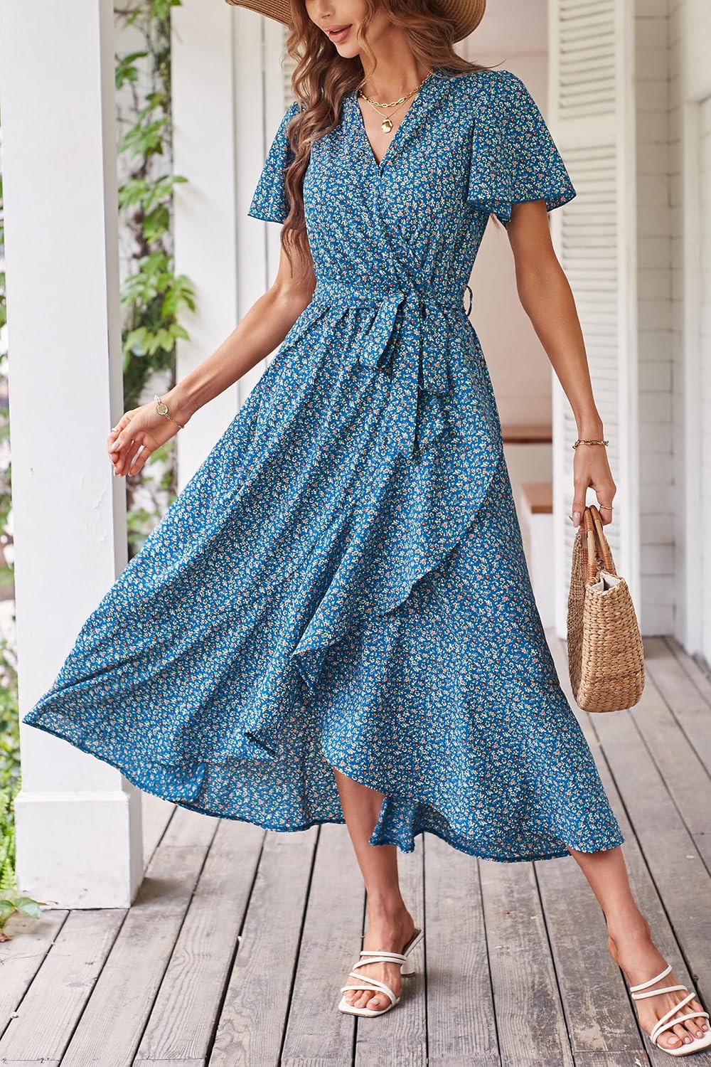 PRETTYGARDEN Women's Summer Floral Boho Dress Wrap V Neck Short Sleeve Ruffle A-Line Flowy Maxi Wedding Guest Dresses