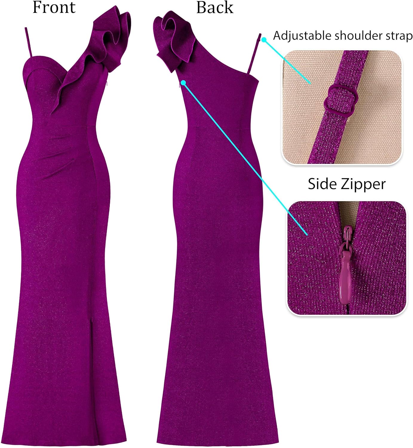 VFSHOW Womens Ruffle One Shoulder Strap Ruched Formal Prom Wedding Maxi Dress V Neck Elegant Split Cocktail Evening Long Gown