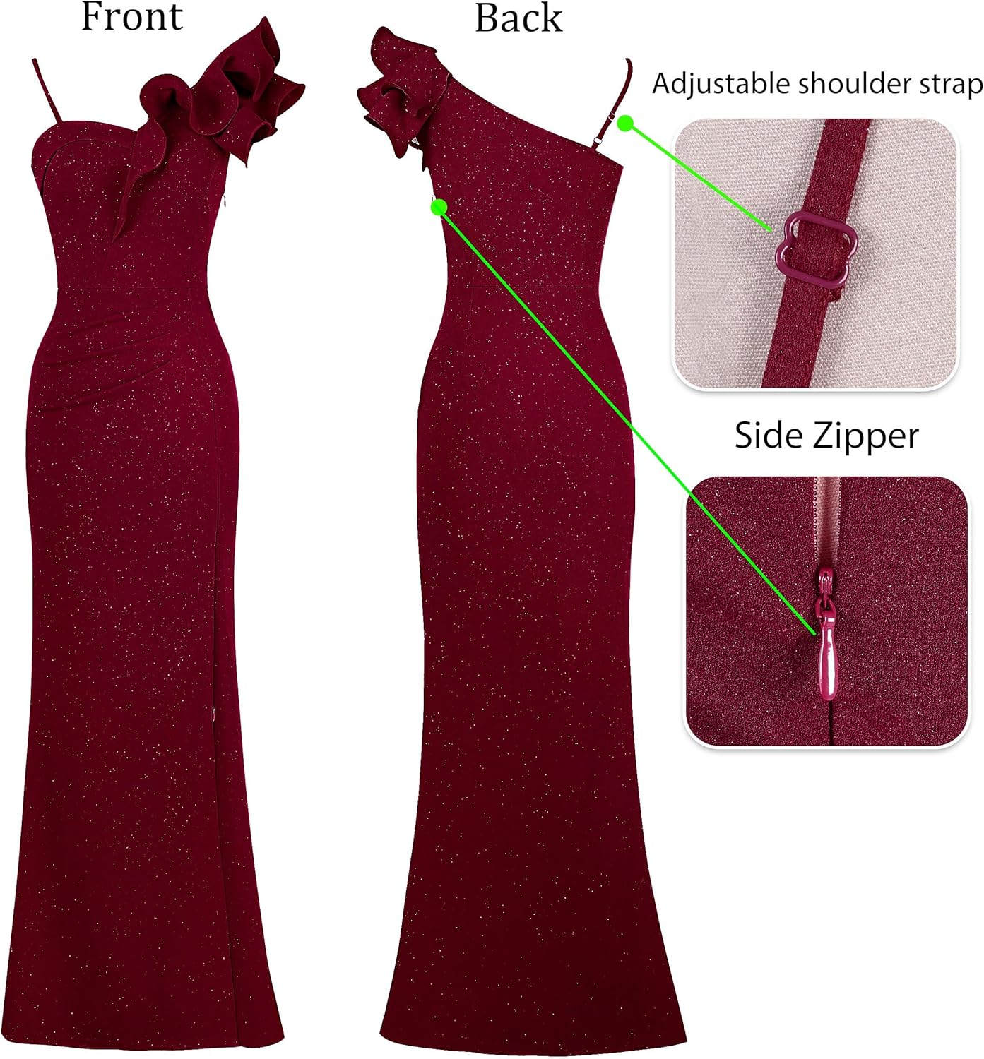 VFSHOW Womens Ruffle One Shoulder Strap Ruched Formal Prom Wedding Maxi Dress V Neck Elegant Split Cocktail Evening Long Gown