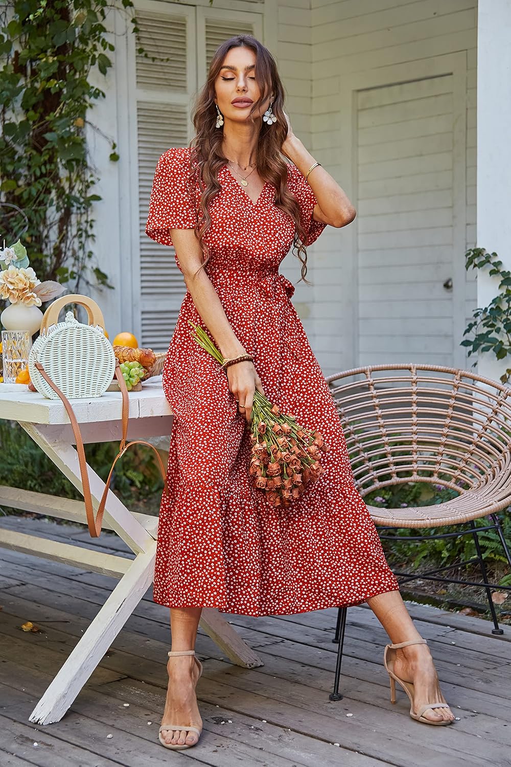 PRETTYGARDEN Women's Summer Floral Boho Dress Wrap V Neck Short Sleeve Ruffle A-Line Flowy Maxi Wedding Guest Dresses