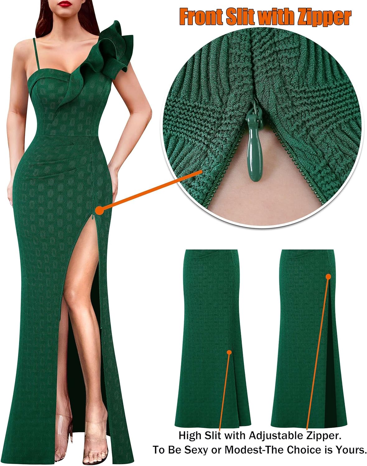 VFSHOW Womens Ruffle One Shoulder Strap Ruched Formal Prom Wedding Maxi Dress V Neck Elegant Split Cocktail Evening Long Gown